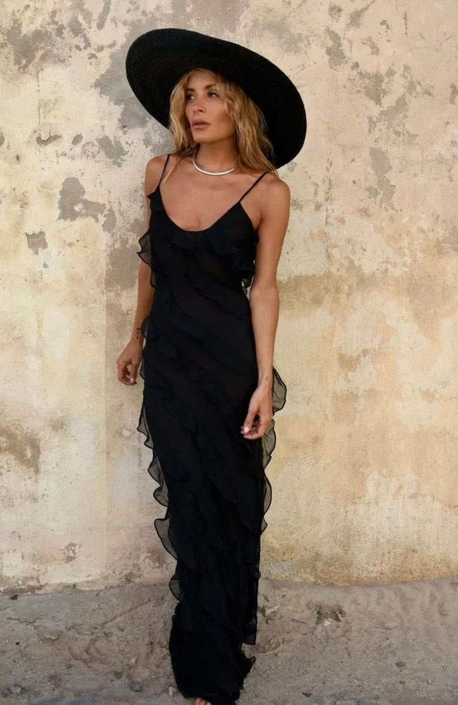Women's Asymmetric Ruffle Spaghetti-Strap Formal Maxi Dress - Black