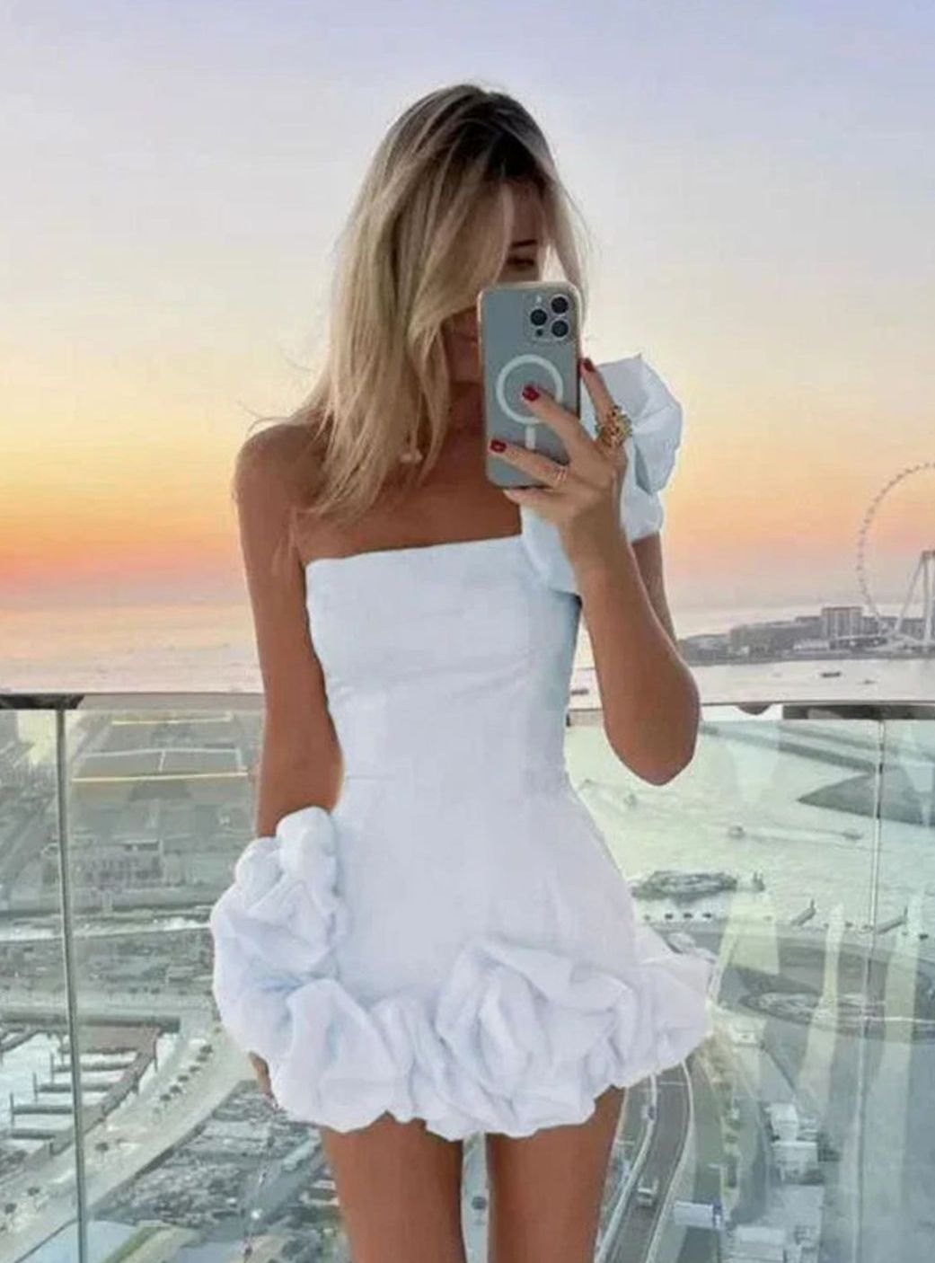 Women's Asymmetrical Ruffle Mini Dress Strapless Bubble Hem - White