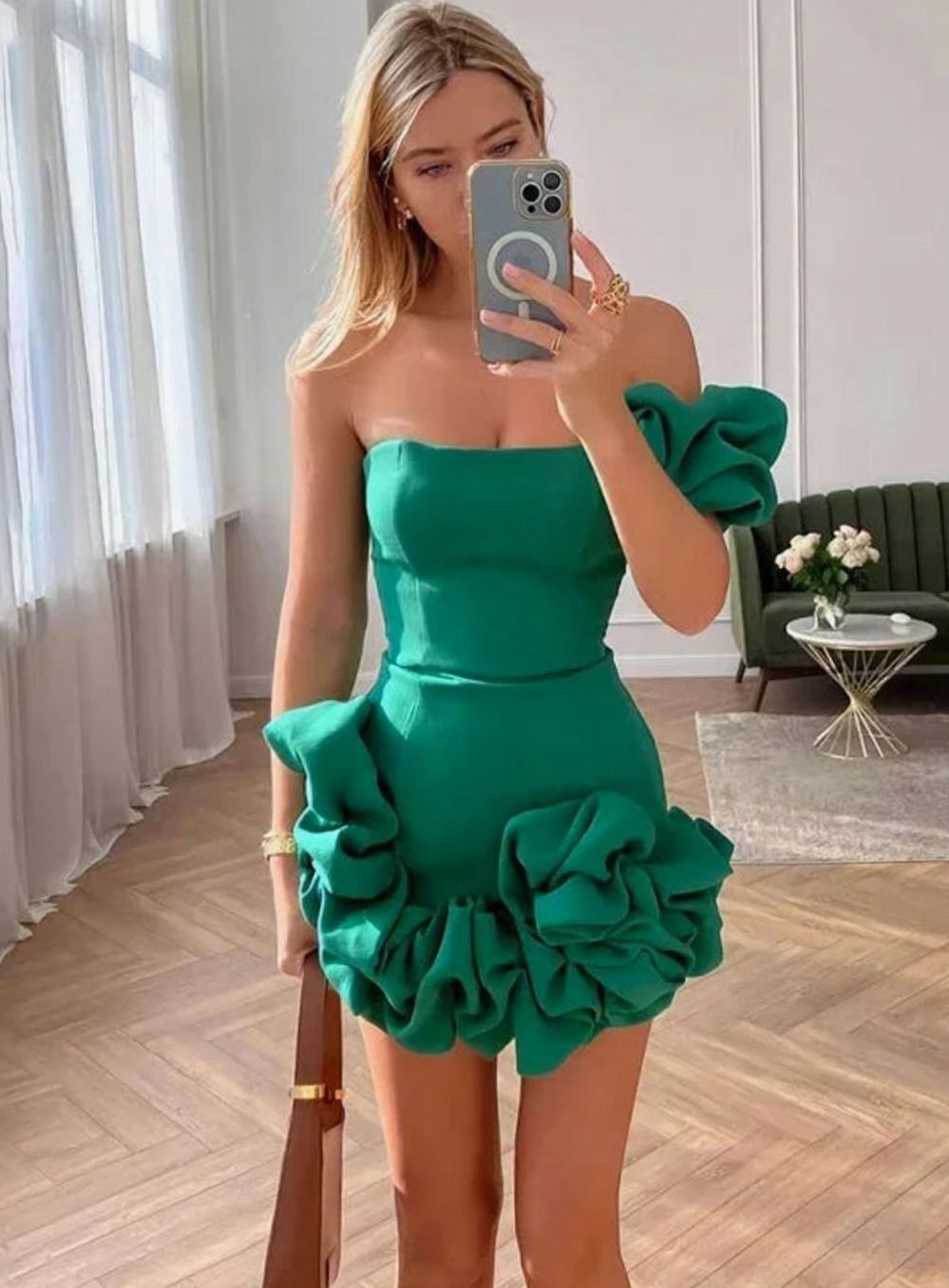 Women's Asymmetrical Ruffle Mini Dress Strapless Bubble Hem