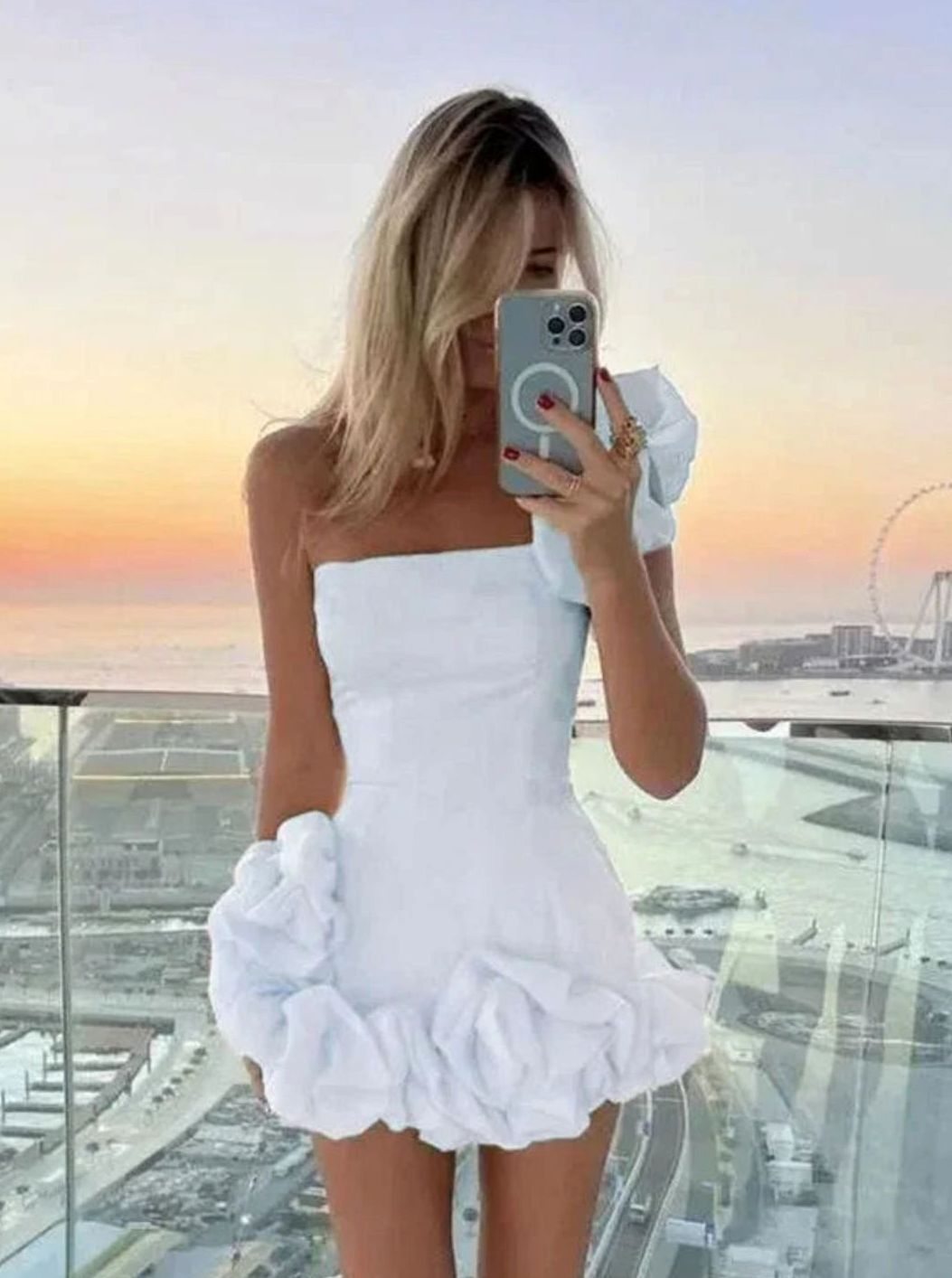 Women's Asymmetrical Ruffle Mini Dress Strapless Bubble Hem