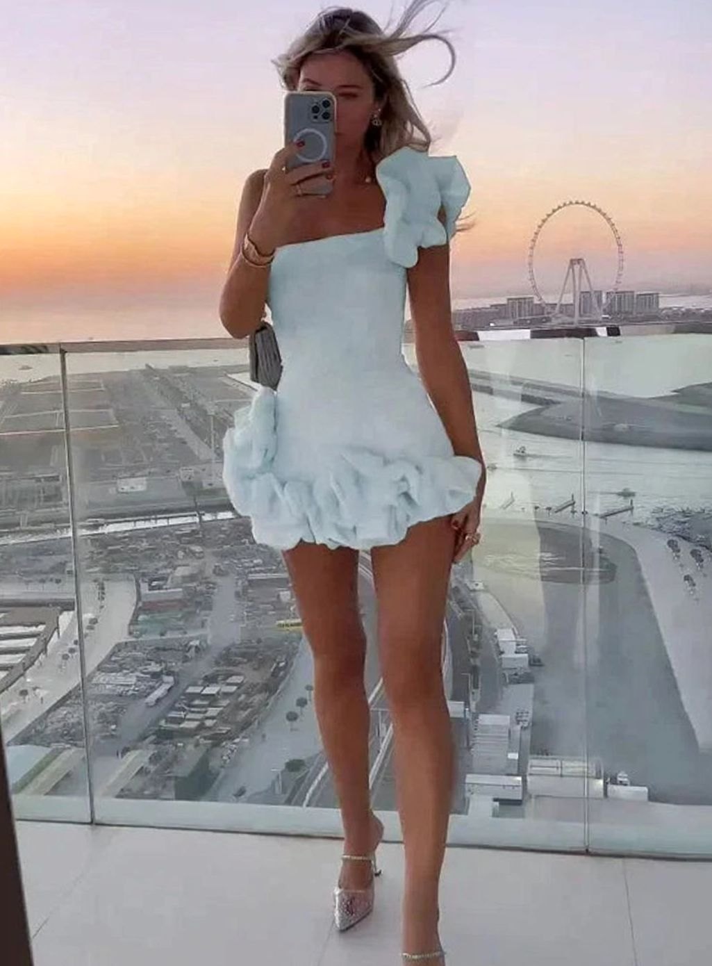 Women's Asymmetrical Ruffle Mini Dress Strapless Bubble Hem