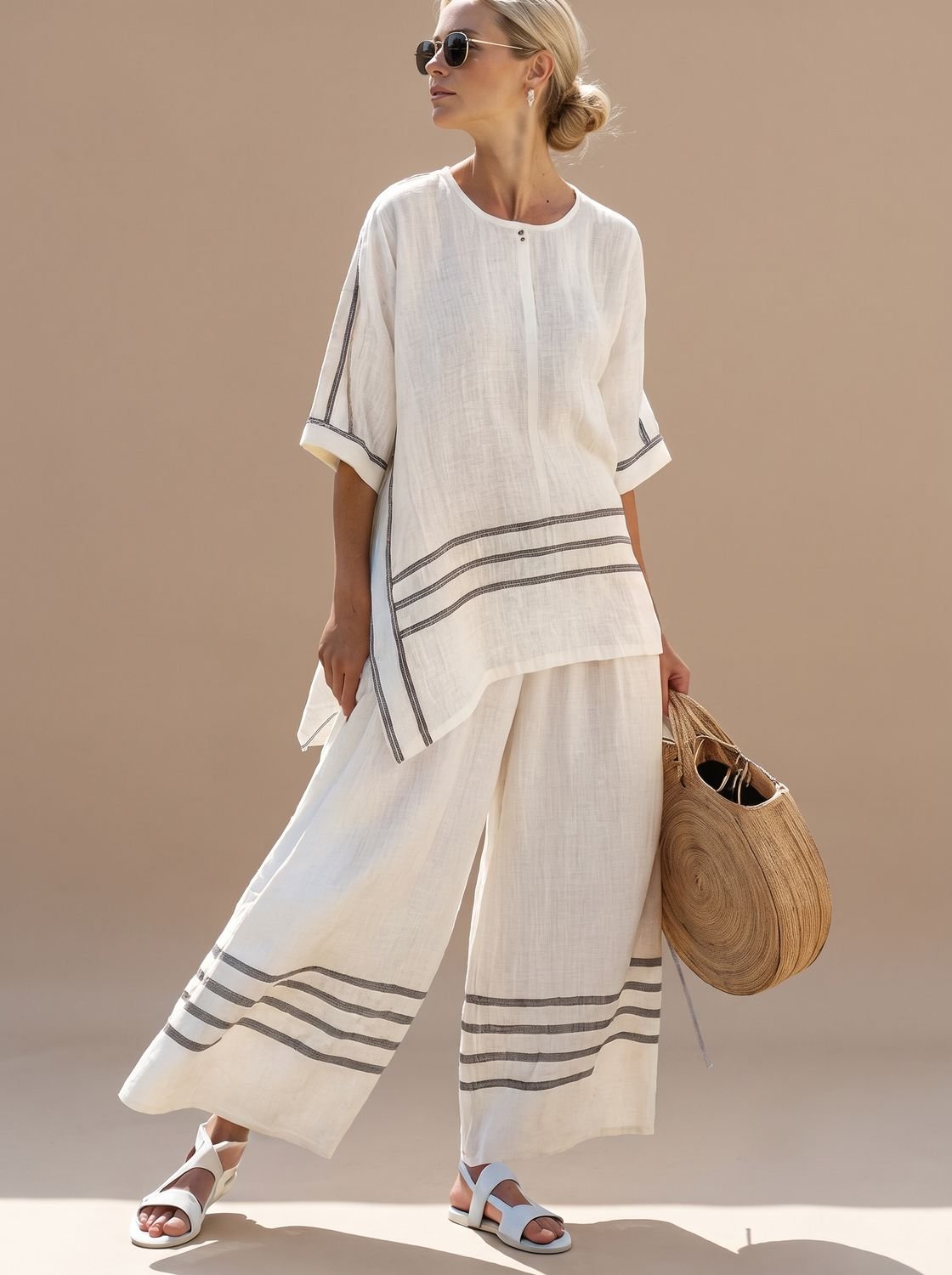 Women's Asymmetrical Striped Blouse Wide-Leg Pants Set