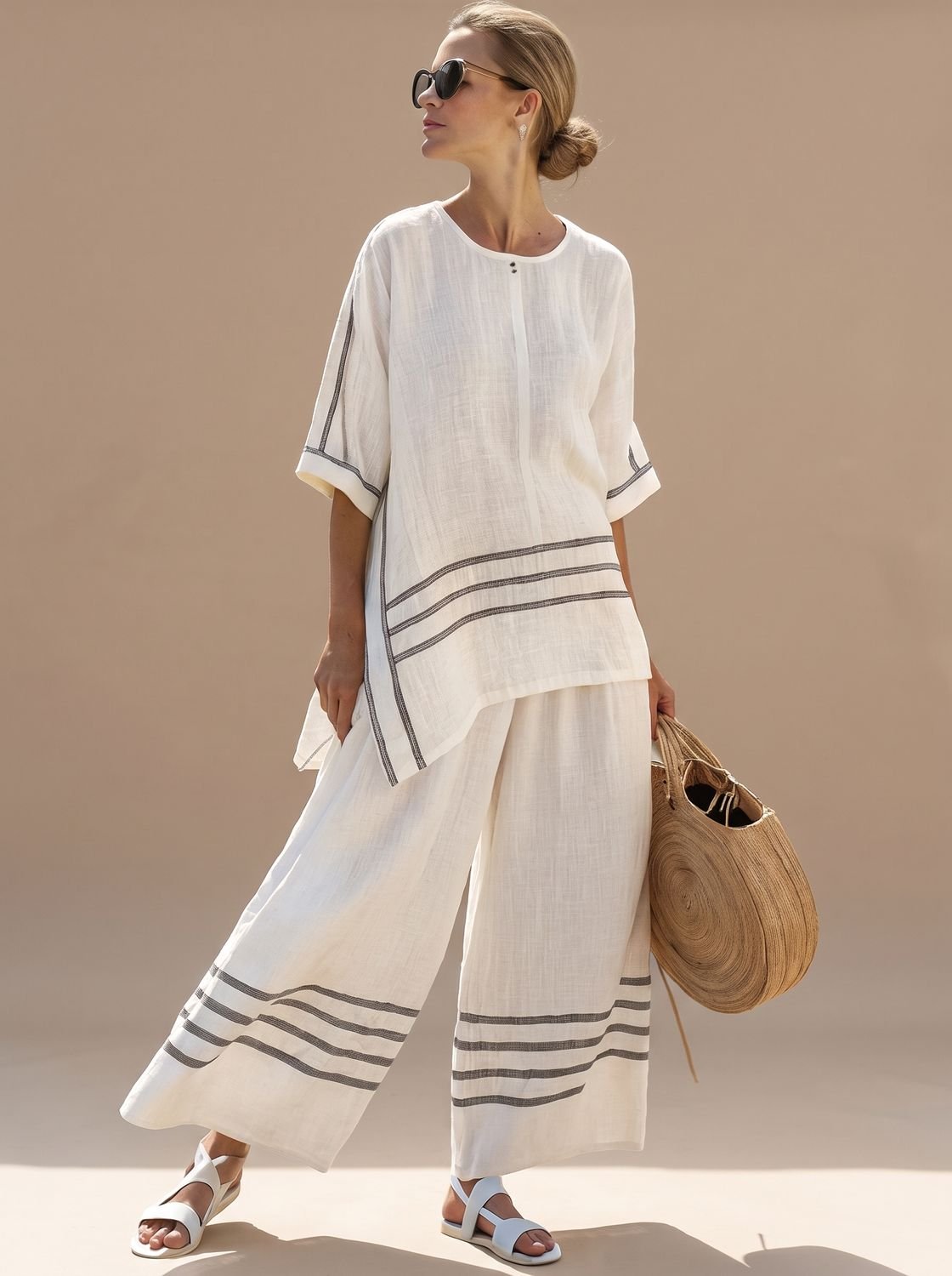Women's Asymmetrical Striped Blouse Wide-Leg Pants Set - White