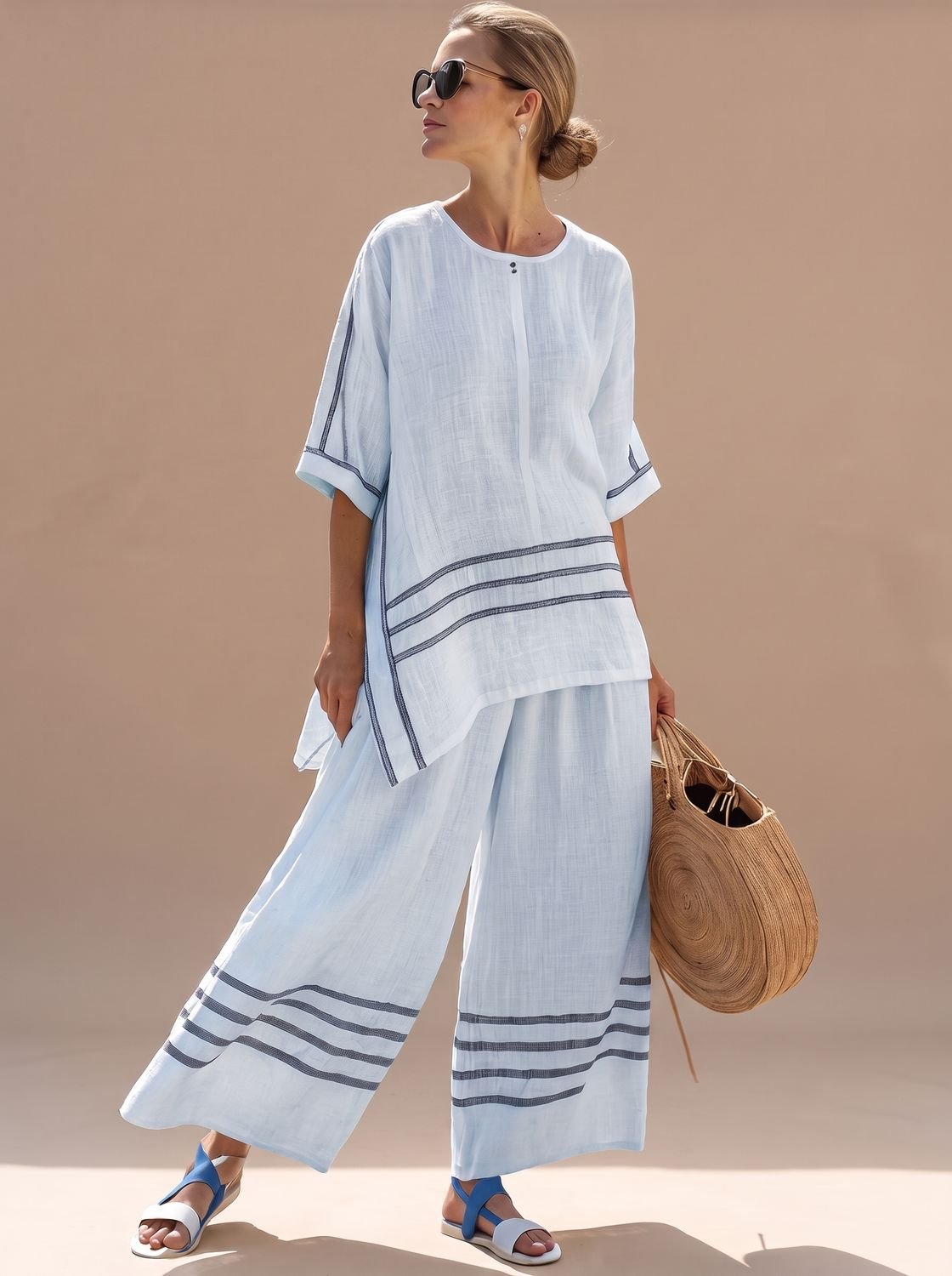 Women's Asymmetrical Striped Blouse Wide-Leg Pants Set - Blue