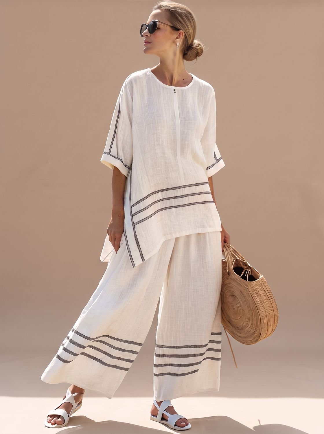 Women's Asymmetrical Striped Blouse Wide-Leg Pants Set - Lilac