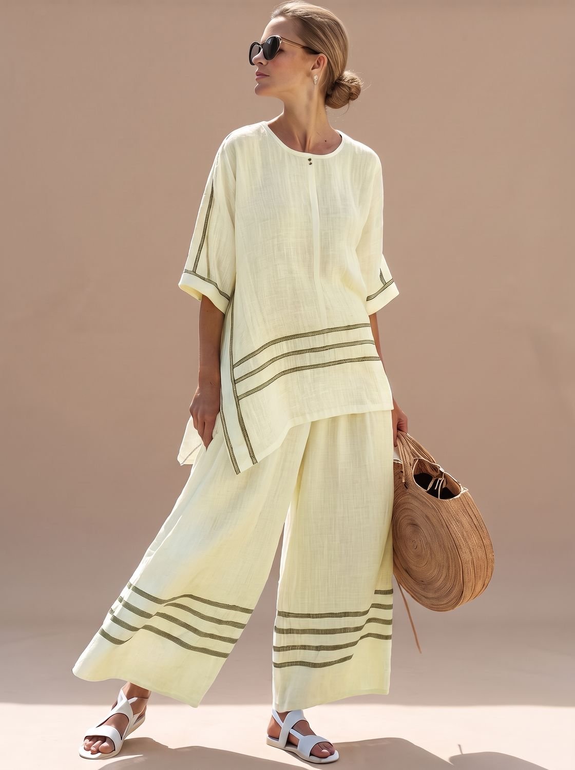 Women's Asymmetrical Striped Blouse Wide-Leg Pants Set - Yellow