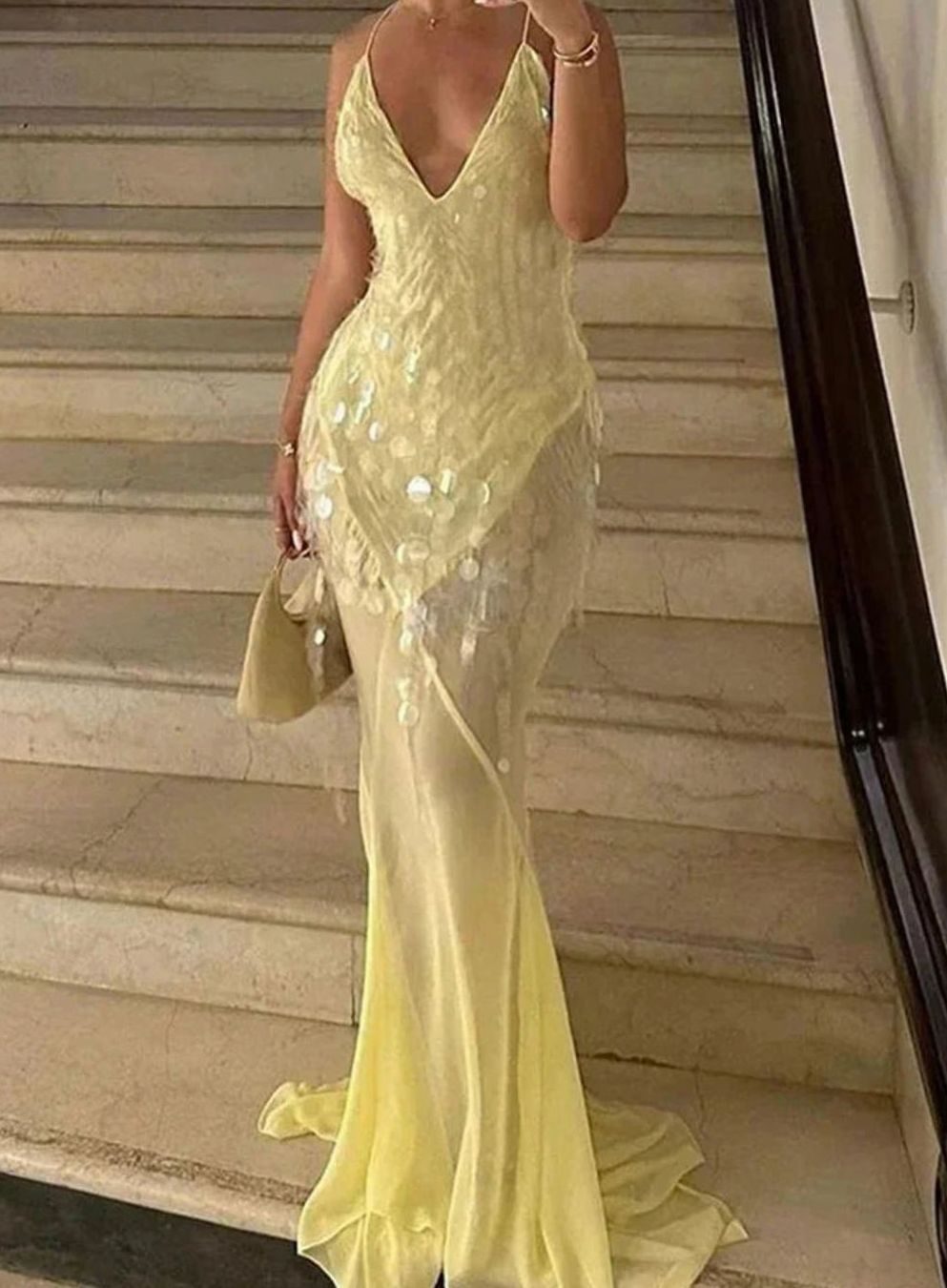 Women's Backless Crossover V-Neck Sequin Dress Maxi
