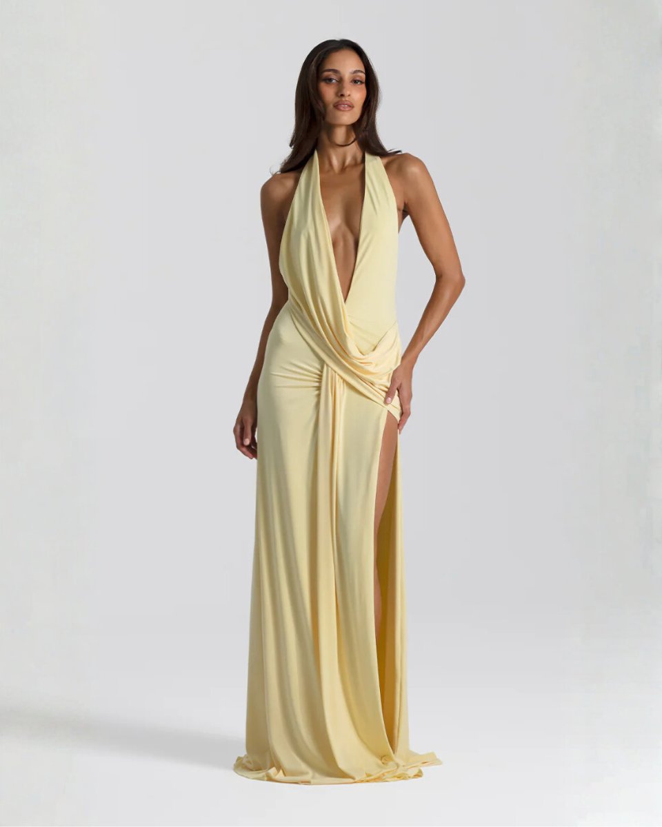 Women's Backless Halter Maxi Summer Dress Jumpsuit Deep-Plunge Draped Gown - Yellow