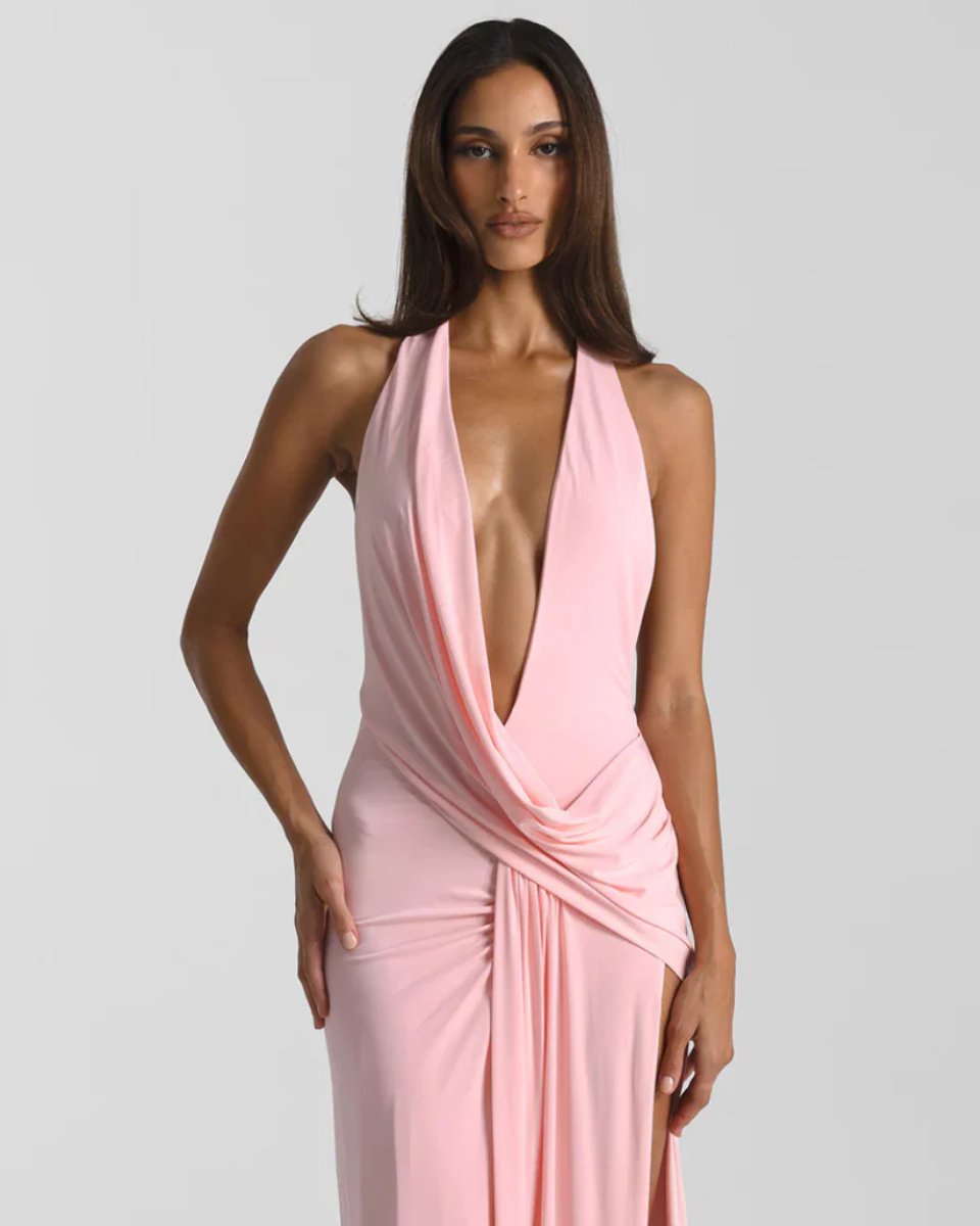 Women's Backless Halter Maxi Summer Dress Jumpsuit Deep-Plunge Draped Gown