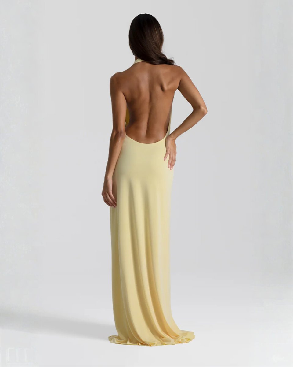 Women's Backless Halter Maxi Summer Dress Jumpsuit Deep-Plunge Draped Gown