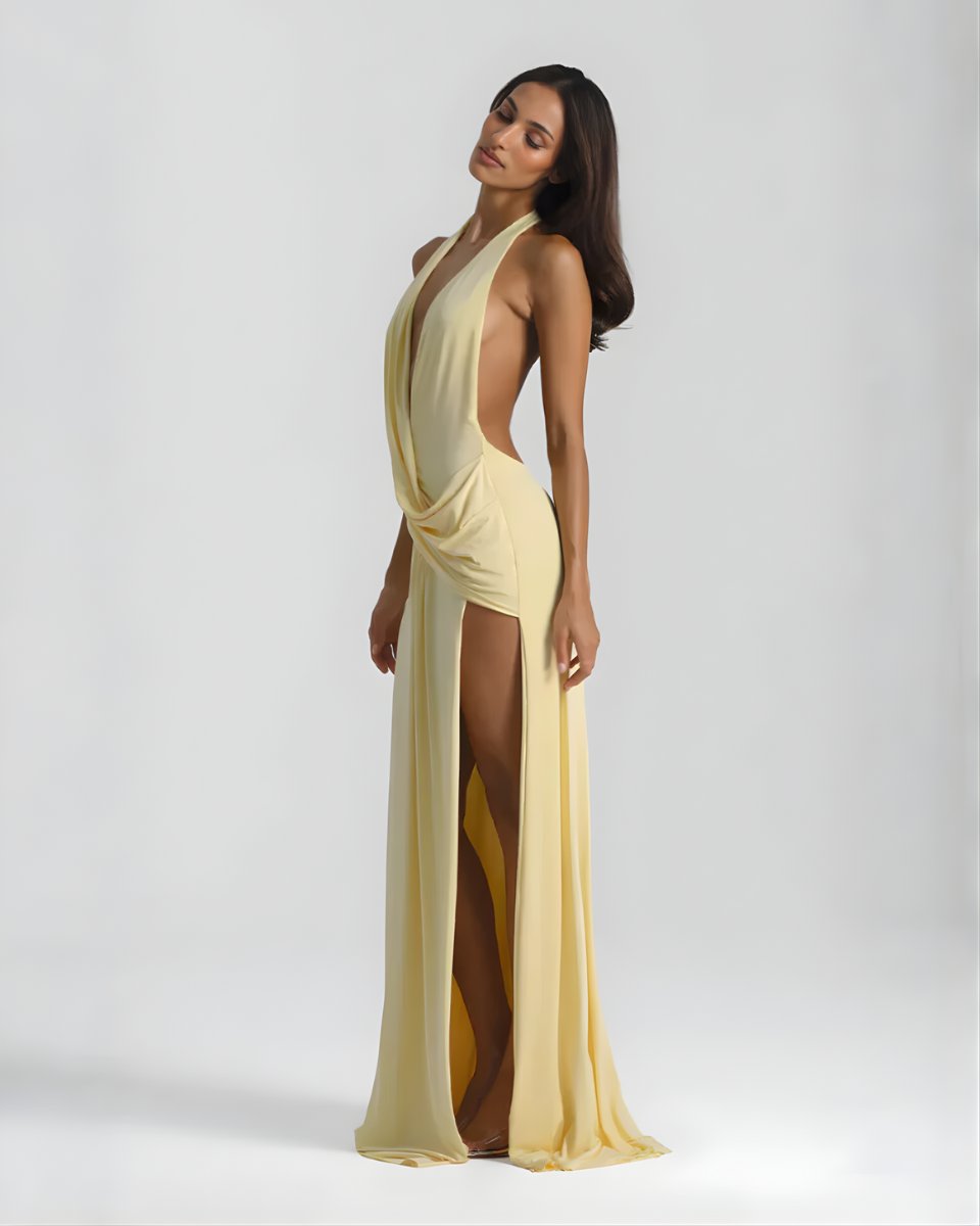 Women's Backless Halter Maxi Summer Dress Jumpsuit Deep-Plunge Draped Gown