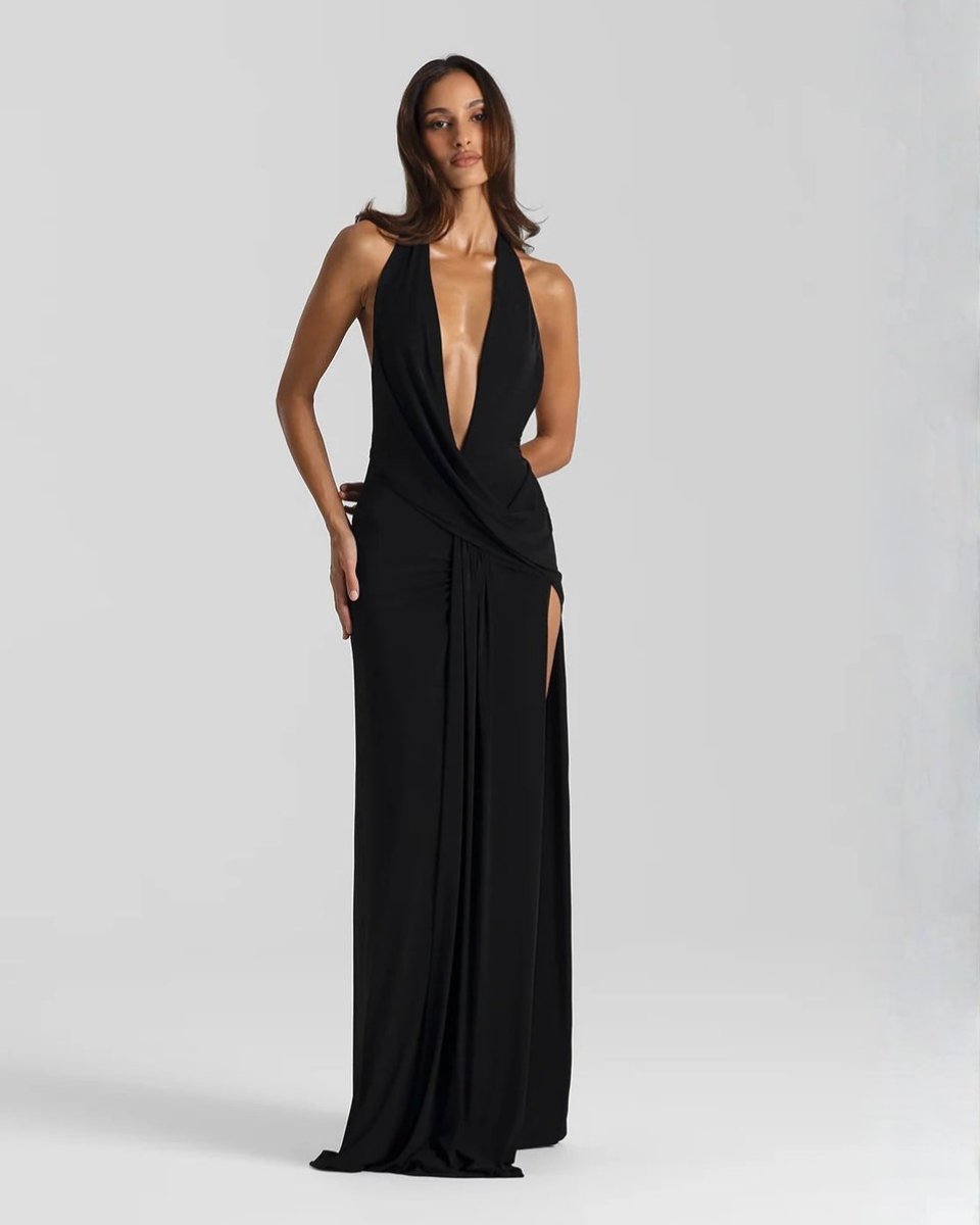 Women's Backless Halter Maxi Summer Dress Jumpsuit Deep-Plunge Draped Gown - Black