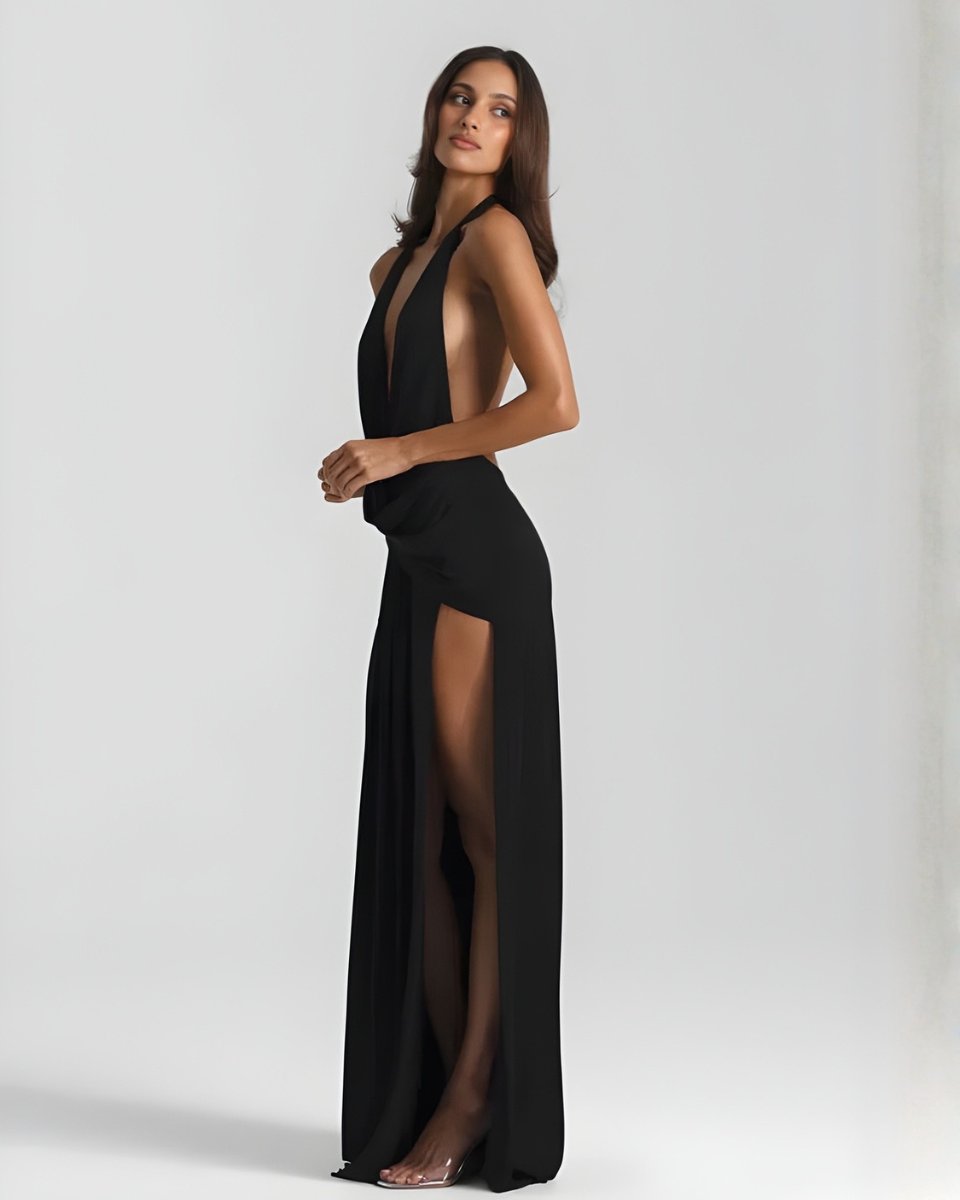 Women's Backless Halter Maxi Summer Dress Jumpsuit Deep-Plunge Draped Gown