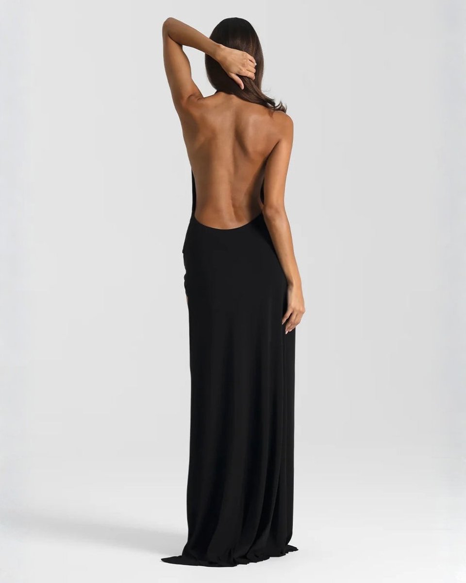 Women's Backless Halter Maxi Summer Dress Jumpsuit Deep-Plunge Draped Gown