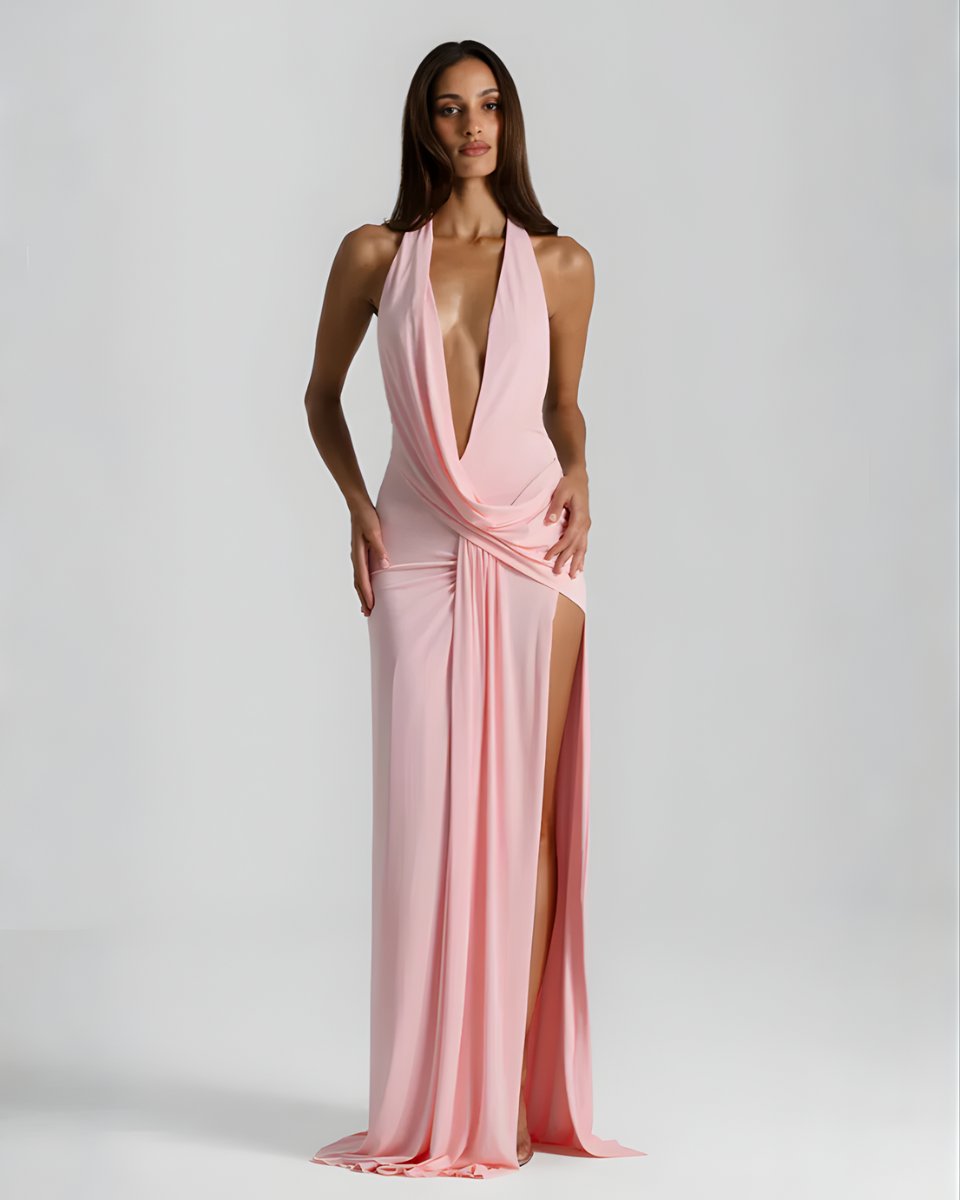 Women's Backless Halter Maxi Summer Dress Jumpsuit Deep-Plunge Draped Gown - Pink