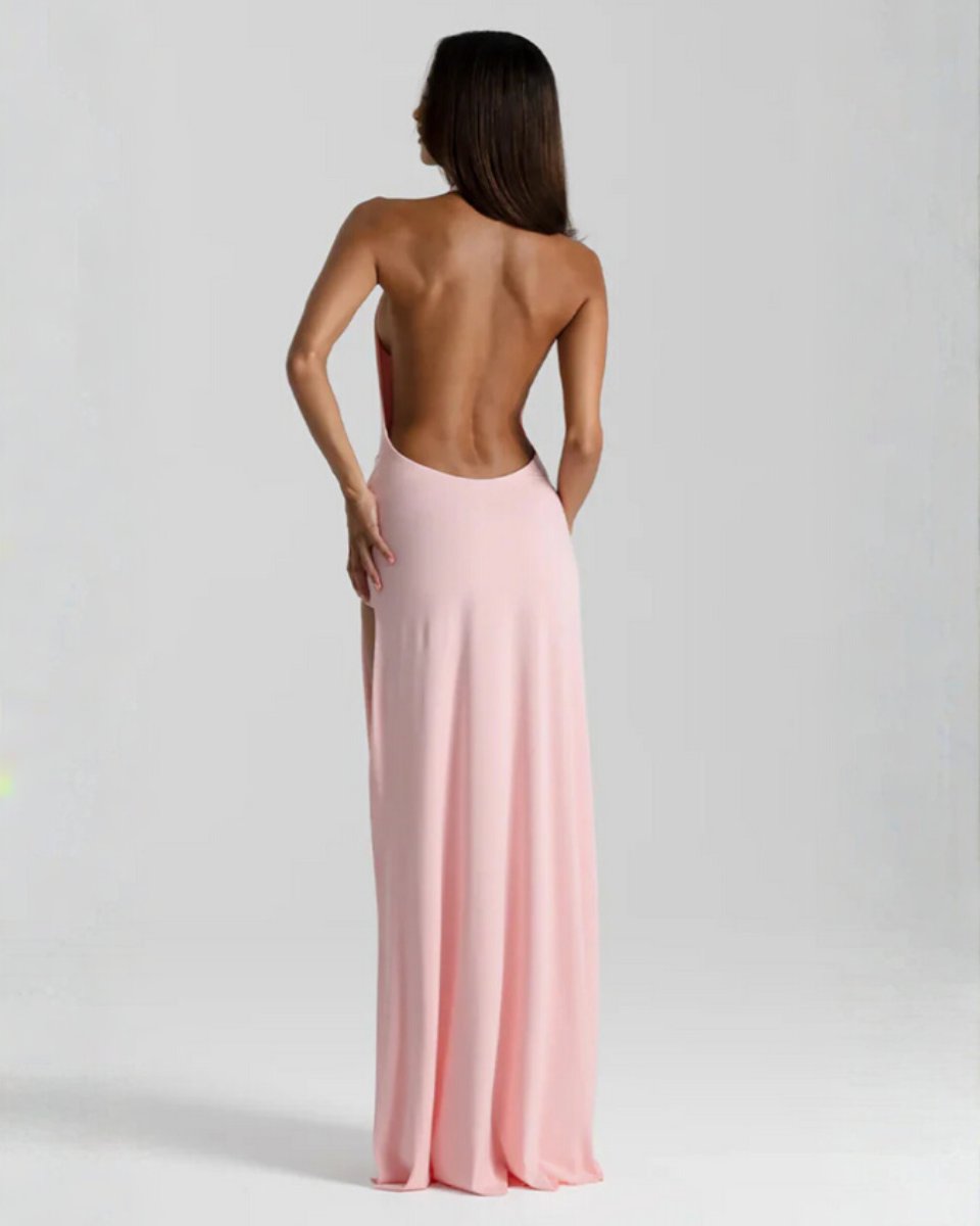 Women's Backless Halter Maxi Summer Dress Jumpsuit Deep-Plunge Draped Gown