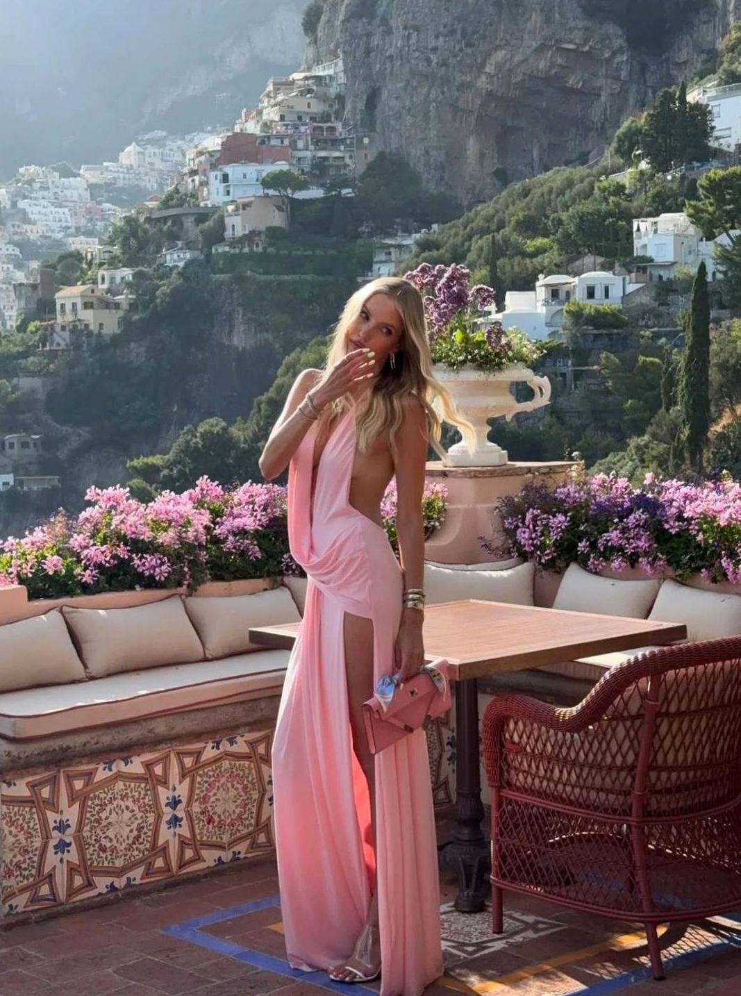 Women's Backless Halter-Neck Maxi Dress High-Slit - Pink