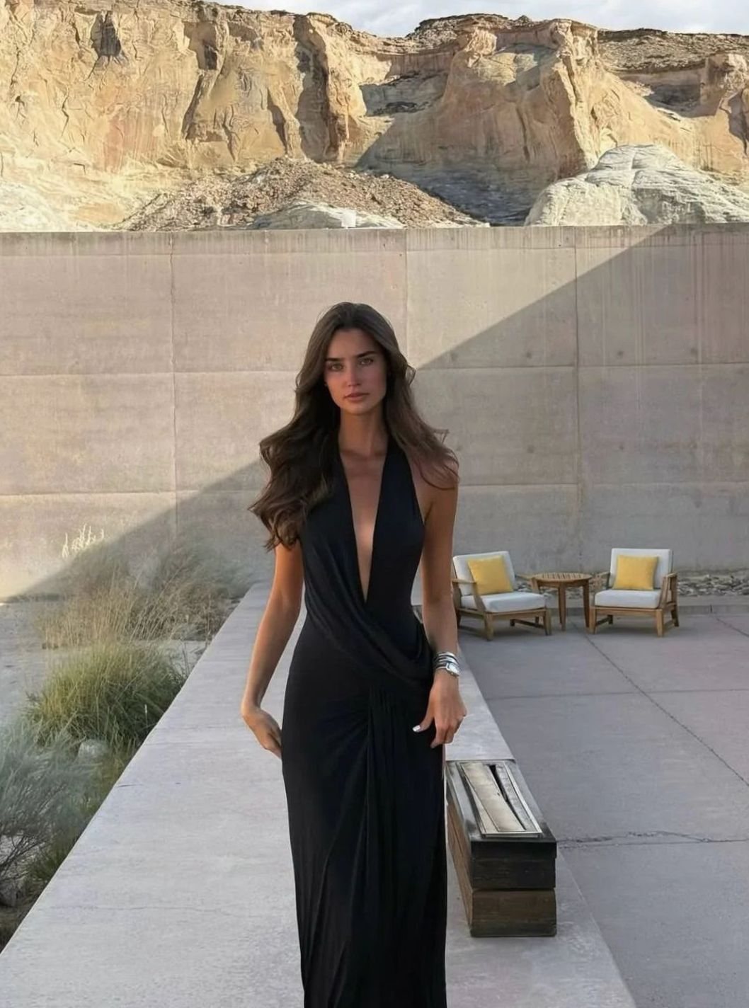 Women's Backless Halter-Neck Maxi Dress High-Slit - Black