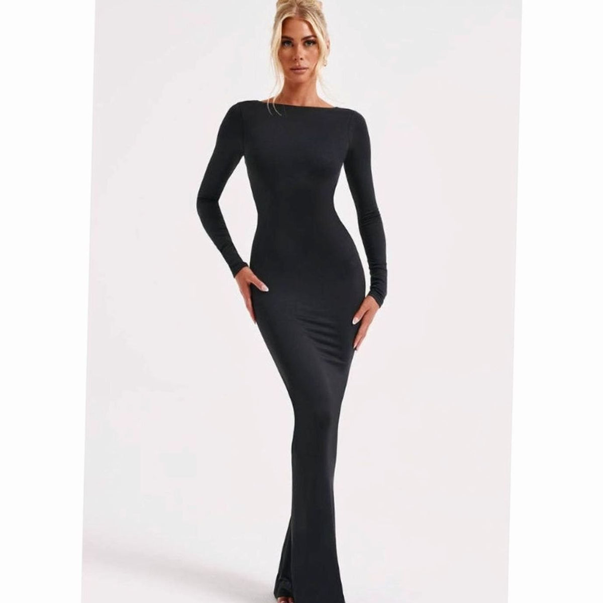 Women's Backless Long-Sleeve Fitted Maxi Wedding Guest Dress - Black