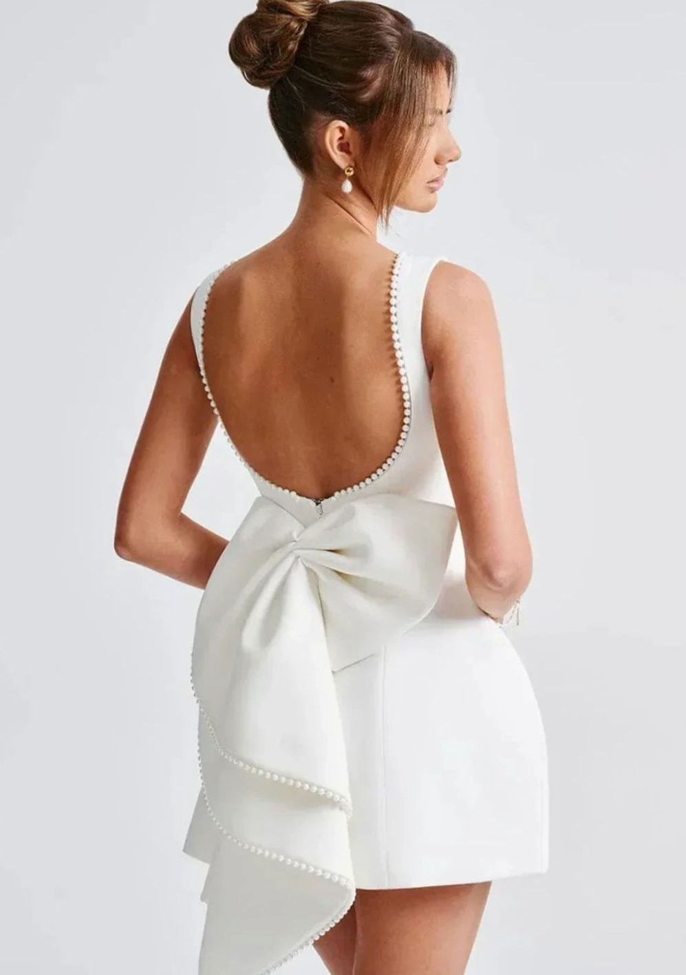 Women's Backless Mini Dress Pearl-Trim Open Back Bow Evening Dress