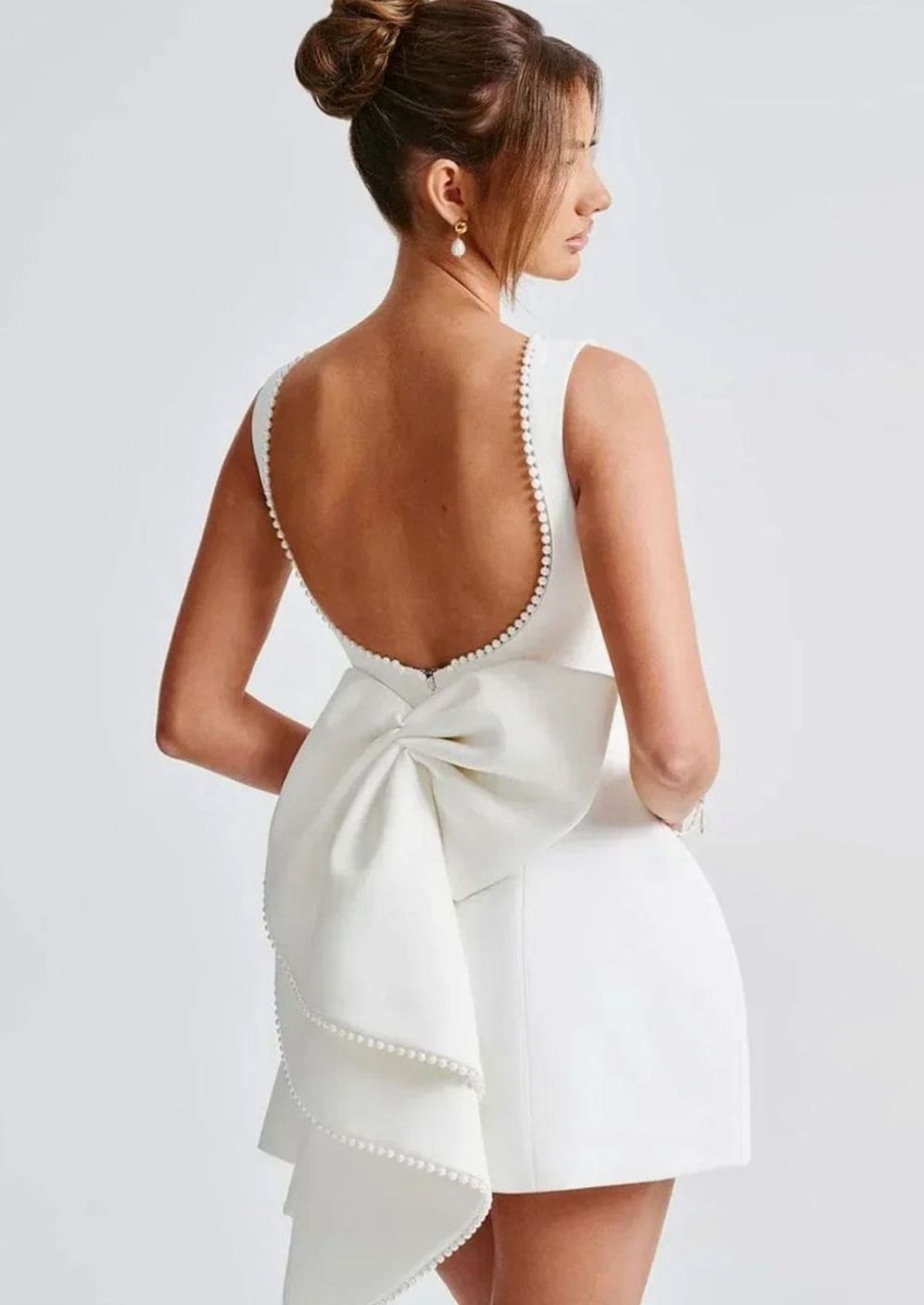 Women's Backless Mini Dress Pearl-Trim Open Back Bow Evening Dress - White