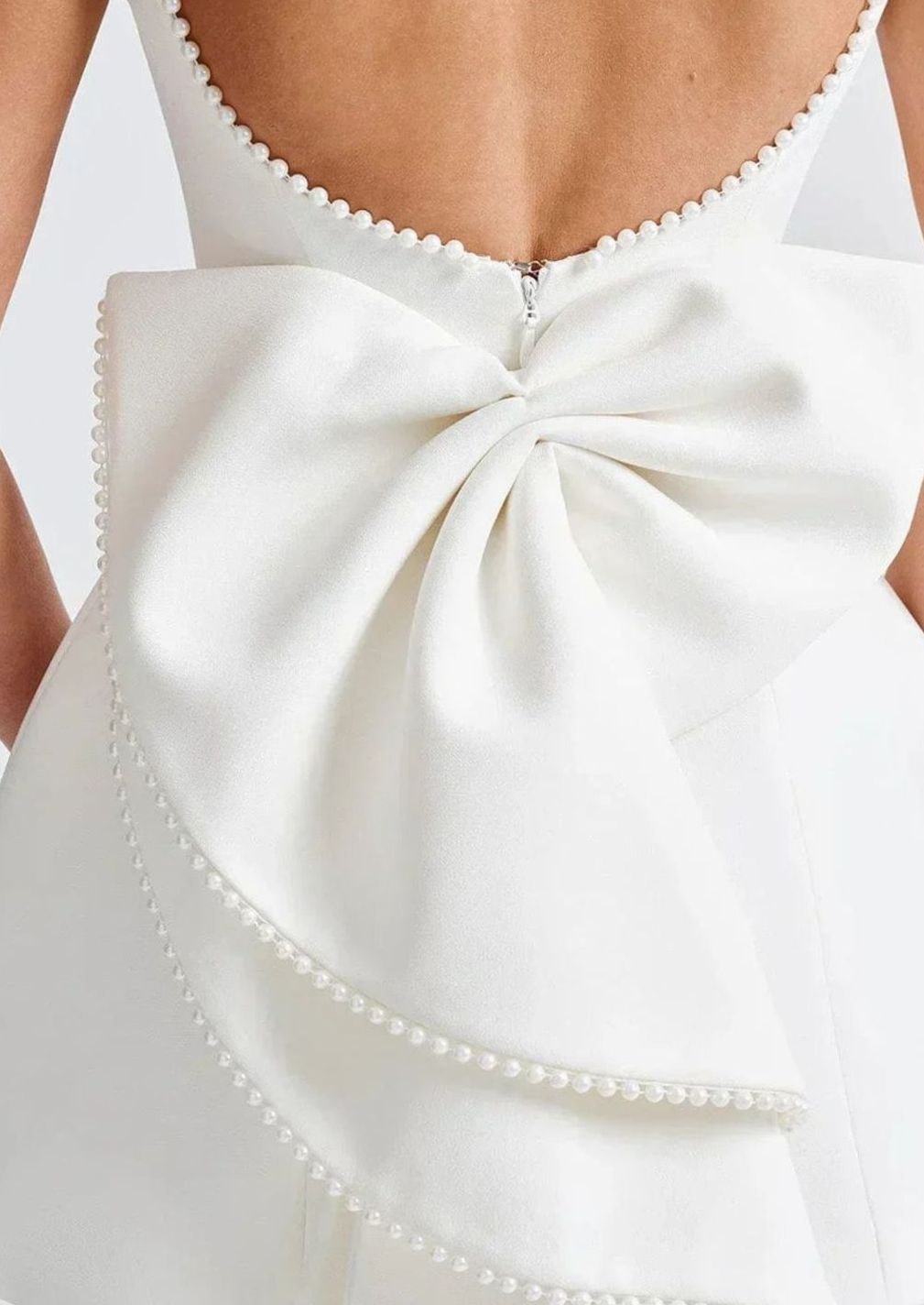Women's Backless Mini Dress Pearl-Trim Open Back Bow Evening Dress