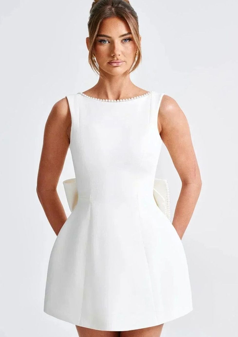 Women's Backless Mini Dress Pearl-Trim Open Back Bow Evening Dress