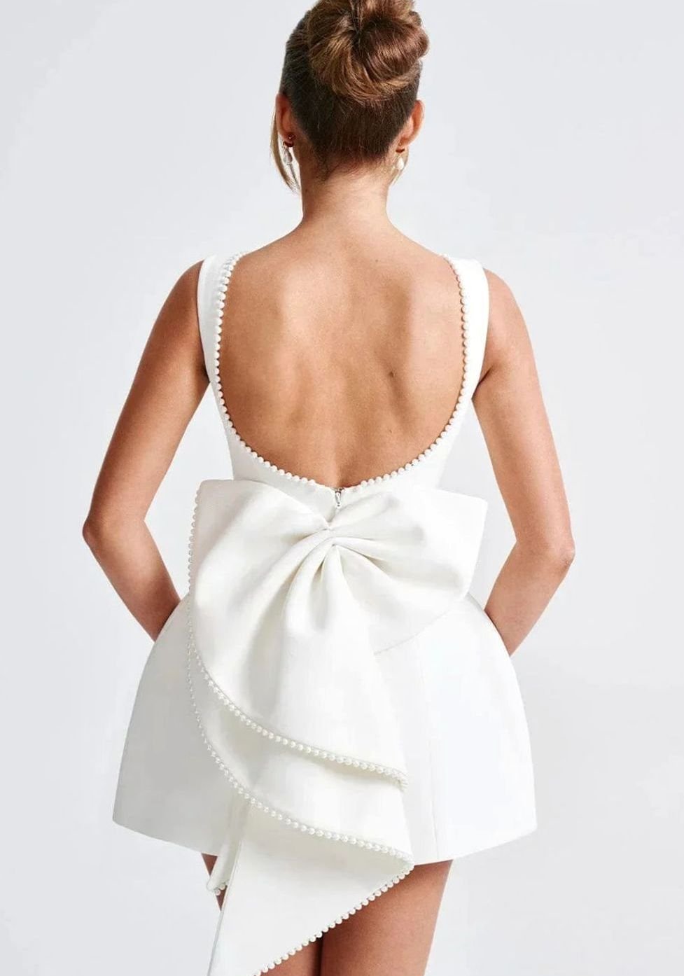 Women's Backless Mini Dress Pearl-Trim Open Back Bow Evening Dress