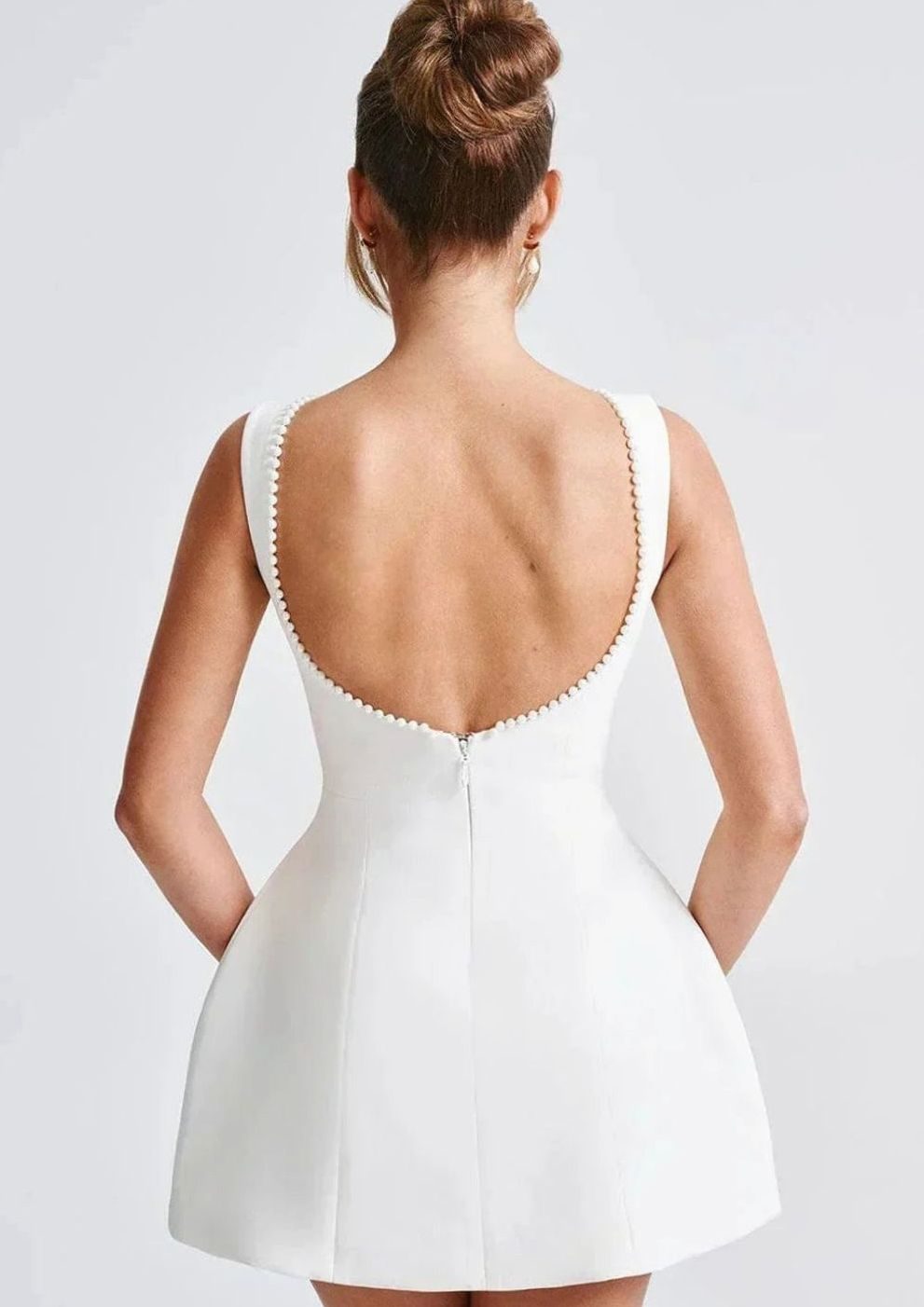 Women's Backless Mini Dress Pearl-Trim Open Back Bow Evening Dress