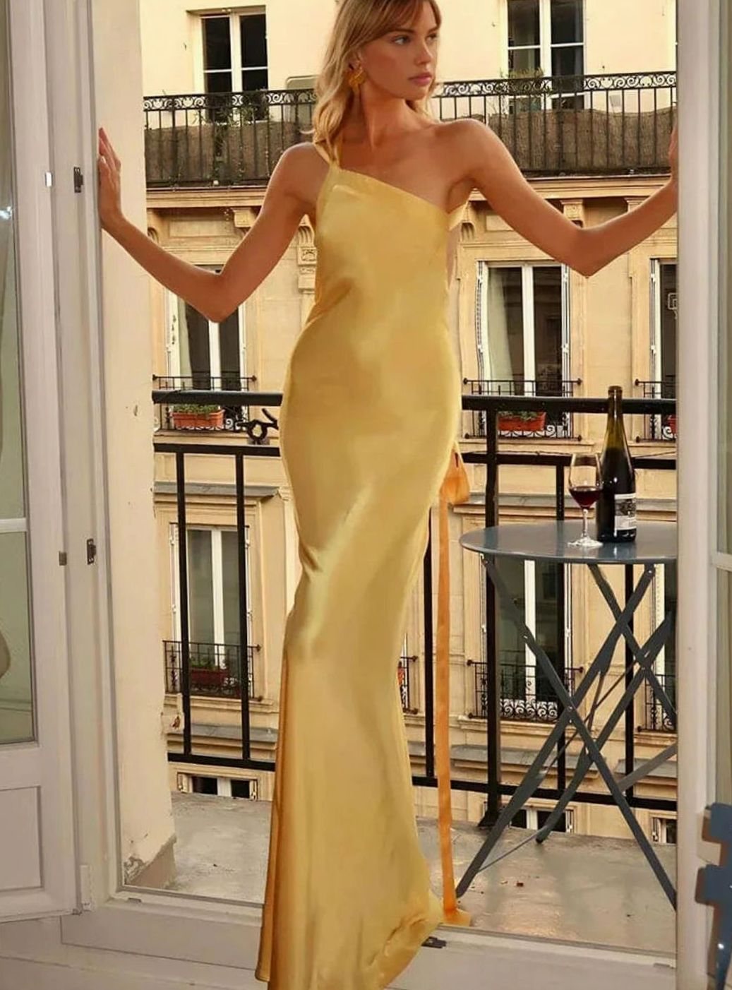 Women's Backless Satin Maxi Dress One-Shoulder Evening Gown - Yellow