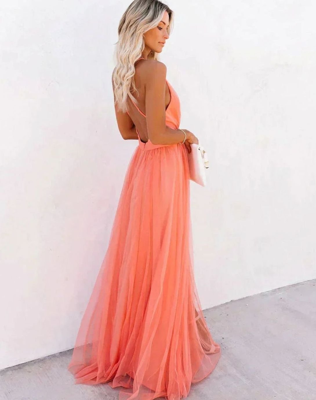 Women's Backless Tulle Maxi Wedding Guest Dress Thin Straps