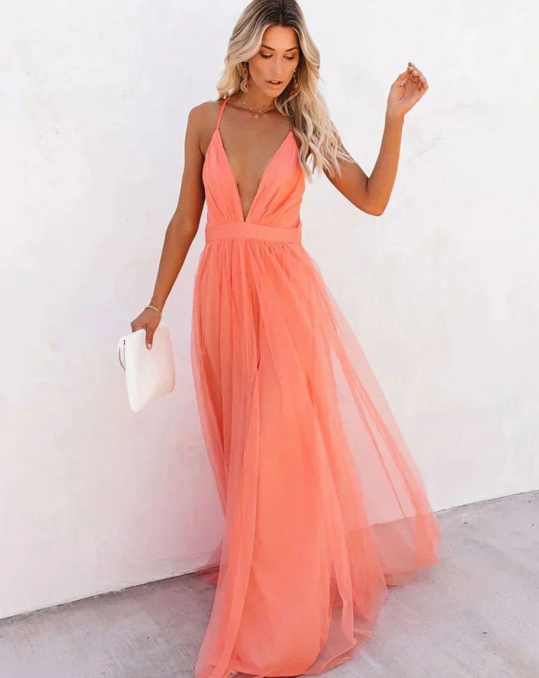 Women's Backless Tulle Maxi Wedding Guest Dress Thin Straps