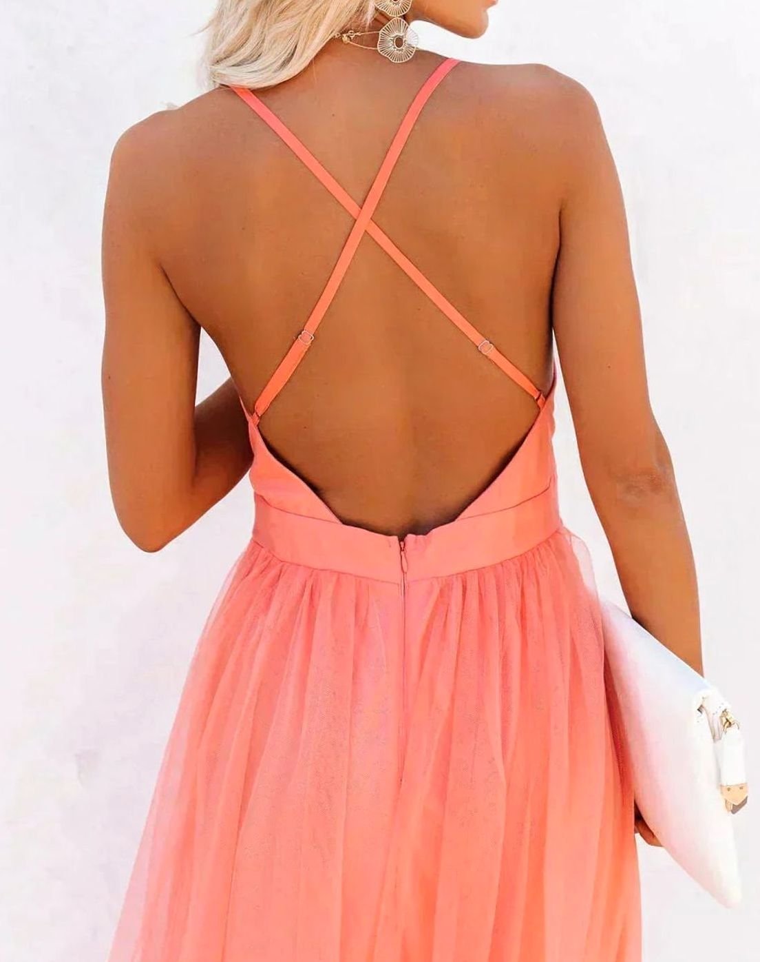 Women's Backless Tulle Maxi Wedding Guest Dress Thin Straps