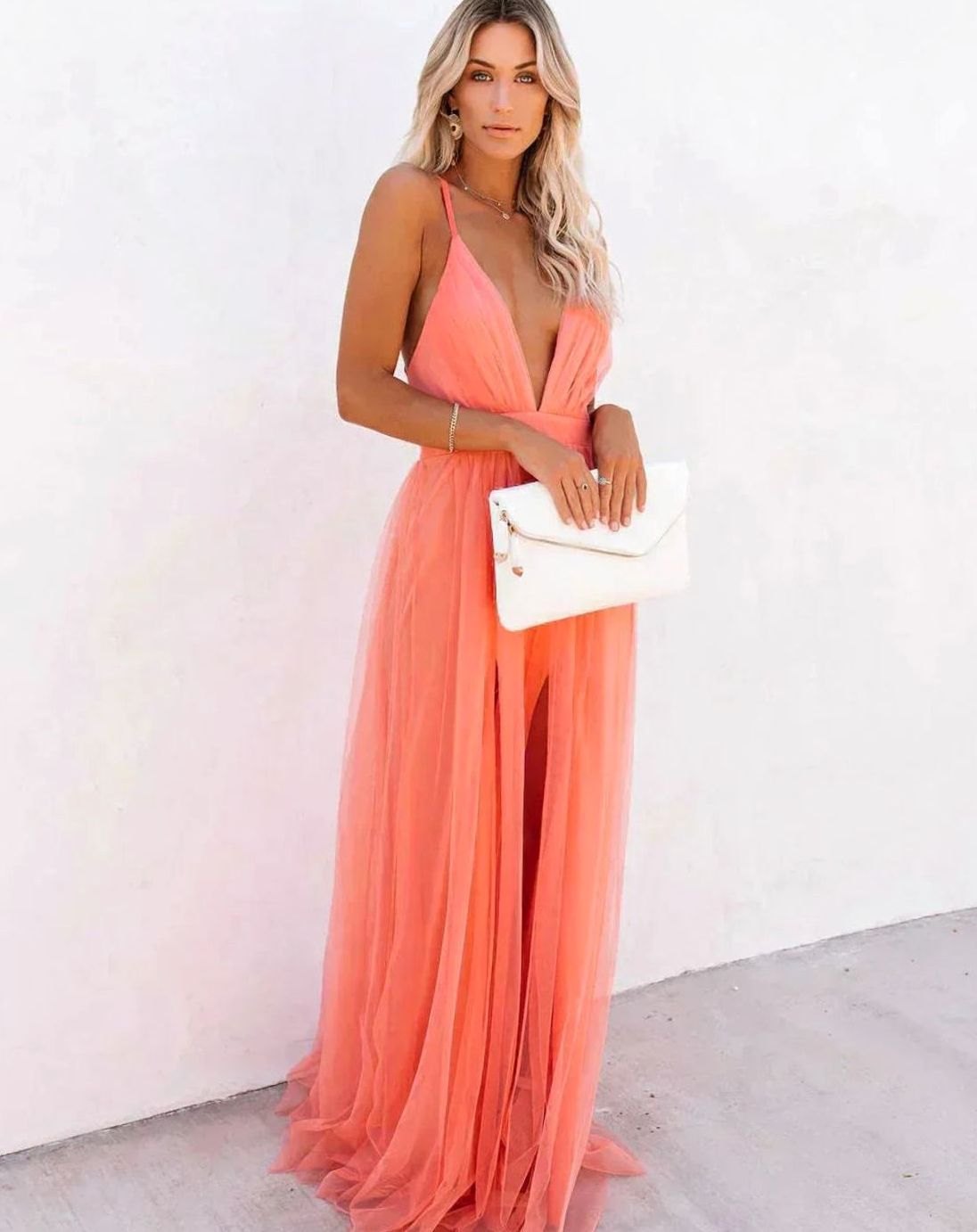 Women's Backless Tulle Maxi Wedding Guest Dress Thin Straps - Orange