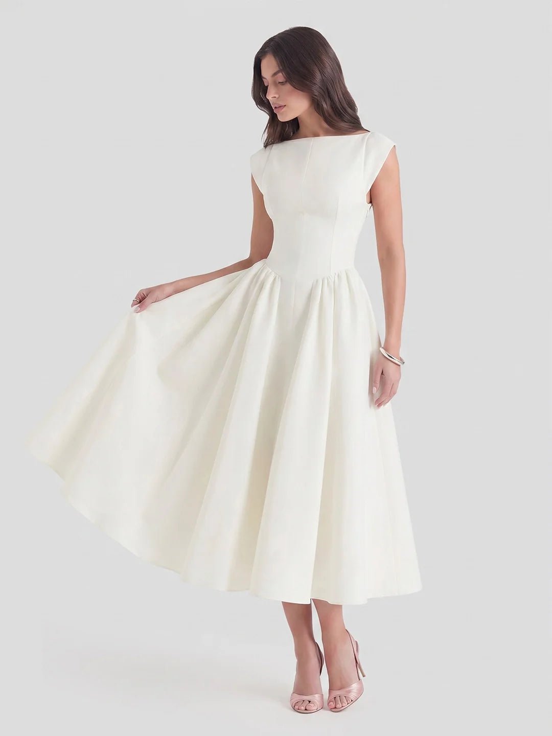 Women's Bateau Neck Cap Sleeve Satin Full Skirt Midi Dress