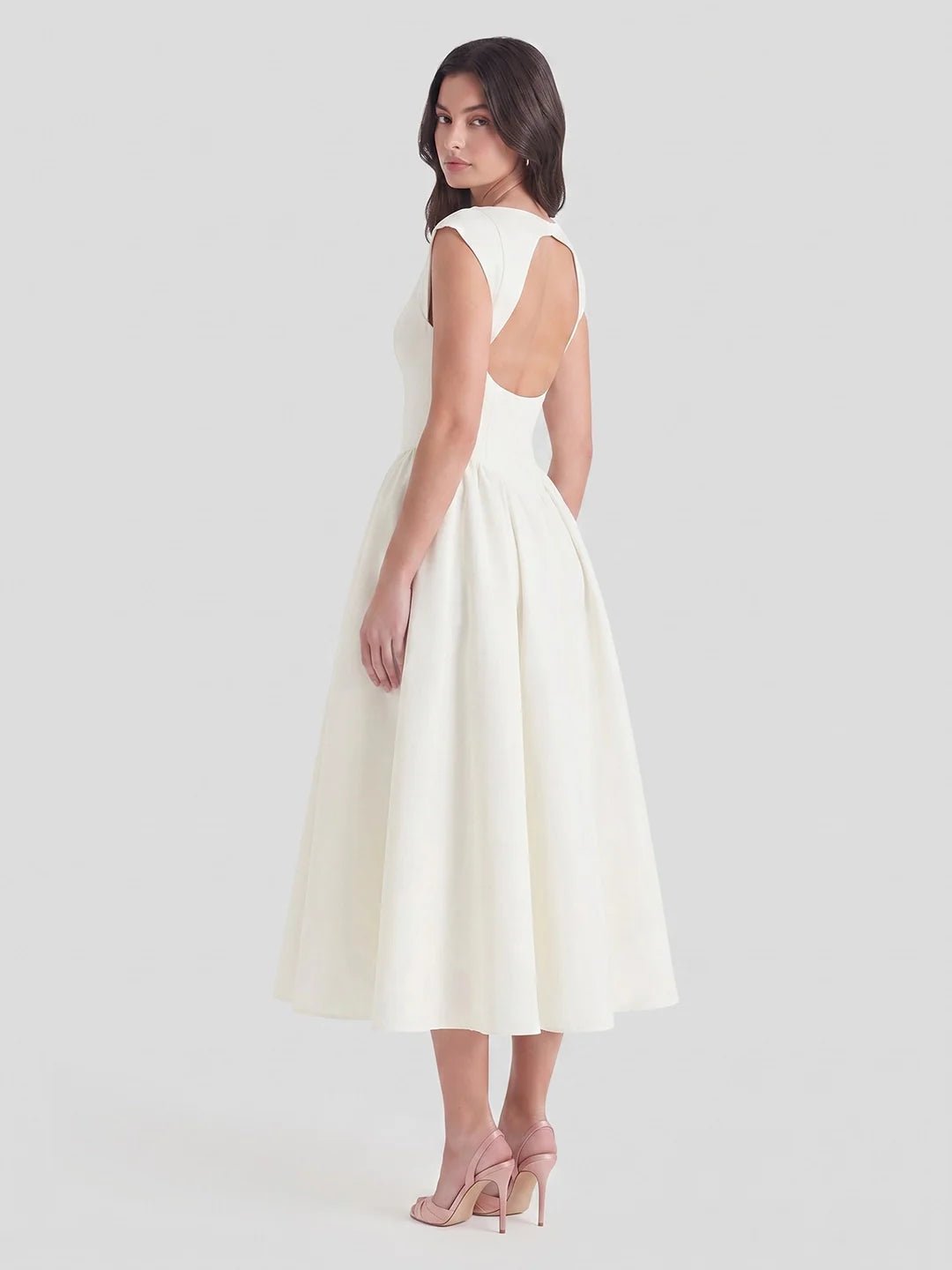 Women's Bateau Neck Cap Sleeve Satin Full Skirt Midi Dress