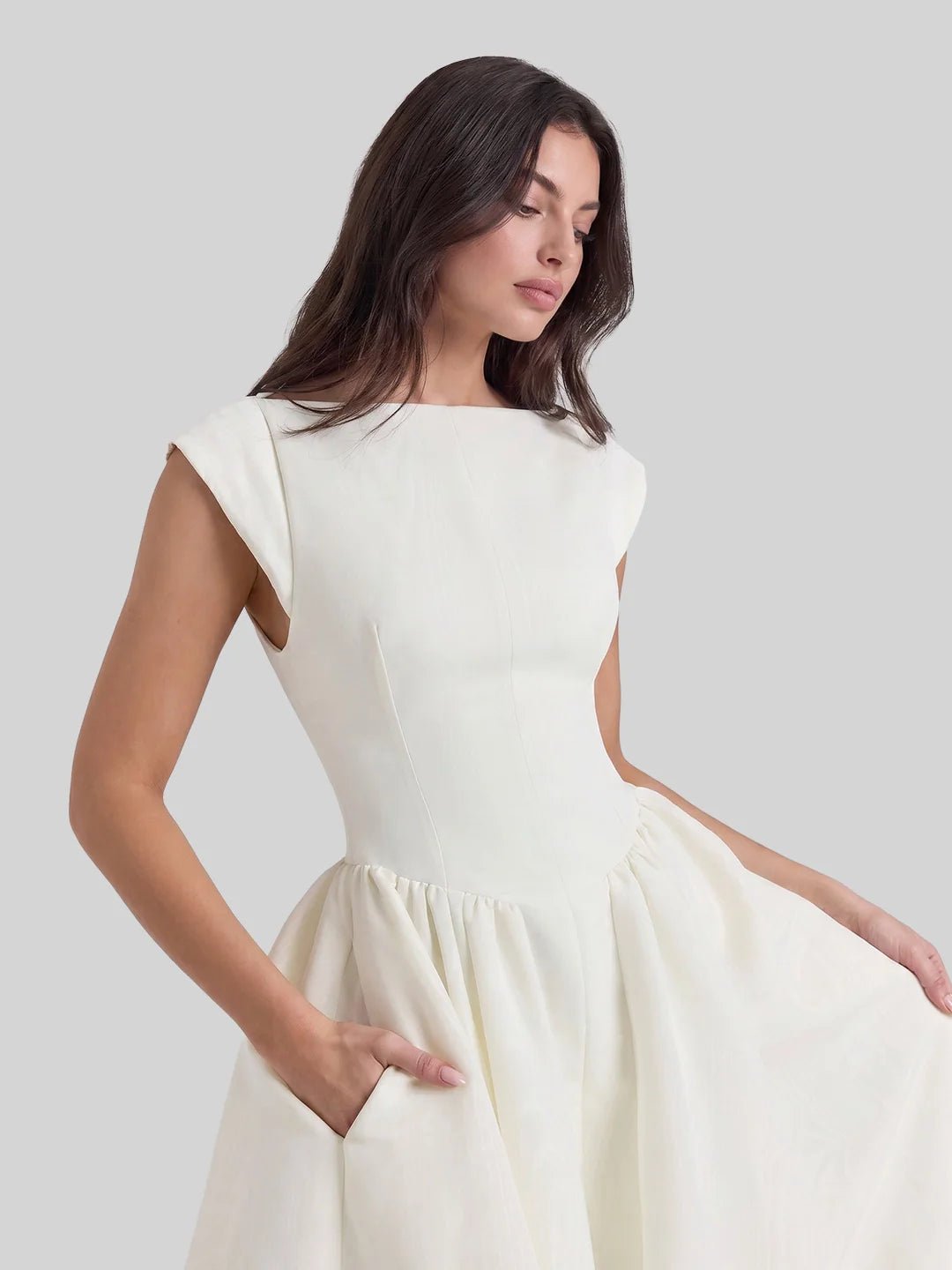 Women's Bateau Neck Cap Sleeve Satin Full Skirt Midi Dress
