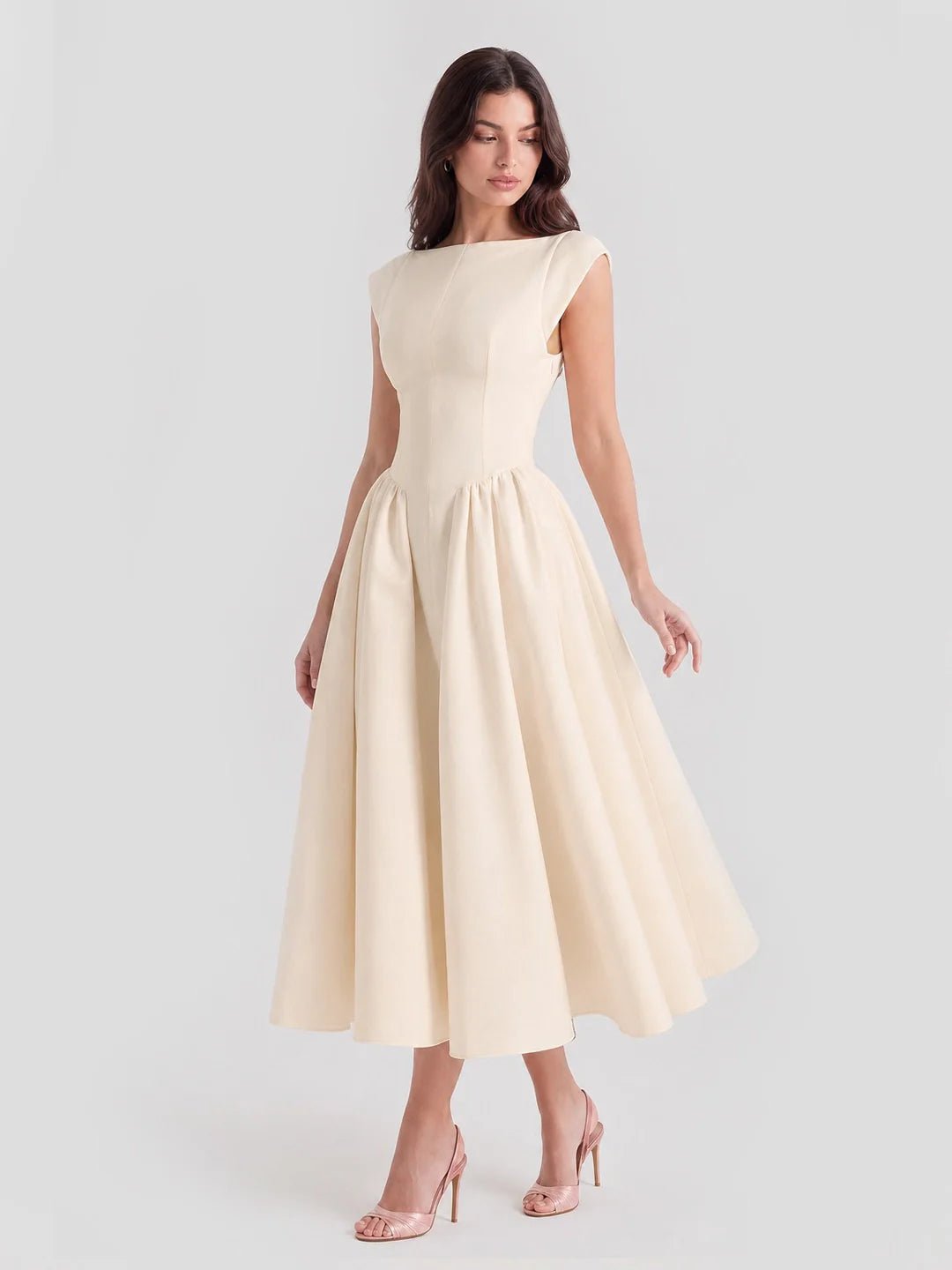 Women's Bateau Neck Cap Sleeve Satin Full Skirt Midi Dress - Beige