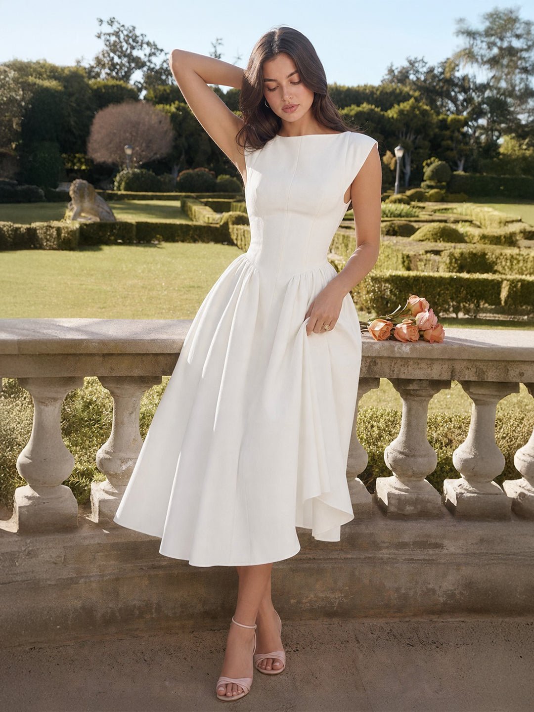 Women's Bateau Neck Cap Sleeve Satin Full Skirt Midi Dress