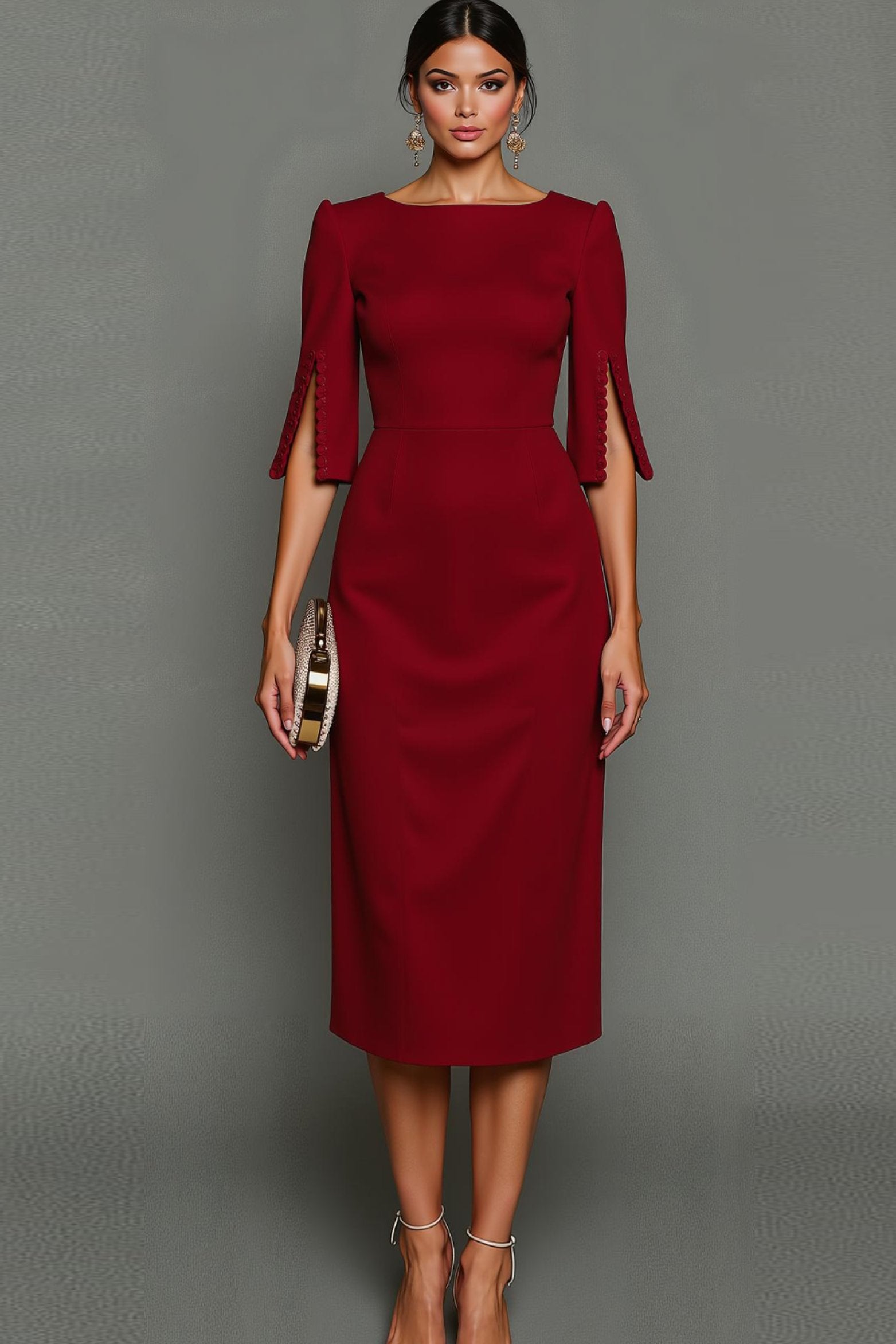 Women's Bateau-Neck Pearl-Trim Sheath Midi Formal Dress - Cabernet
