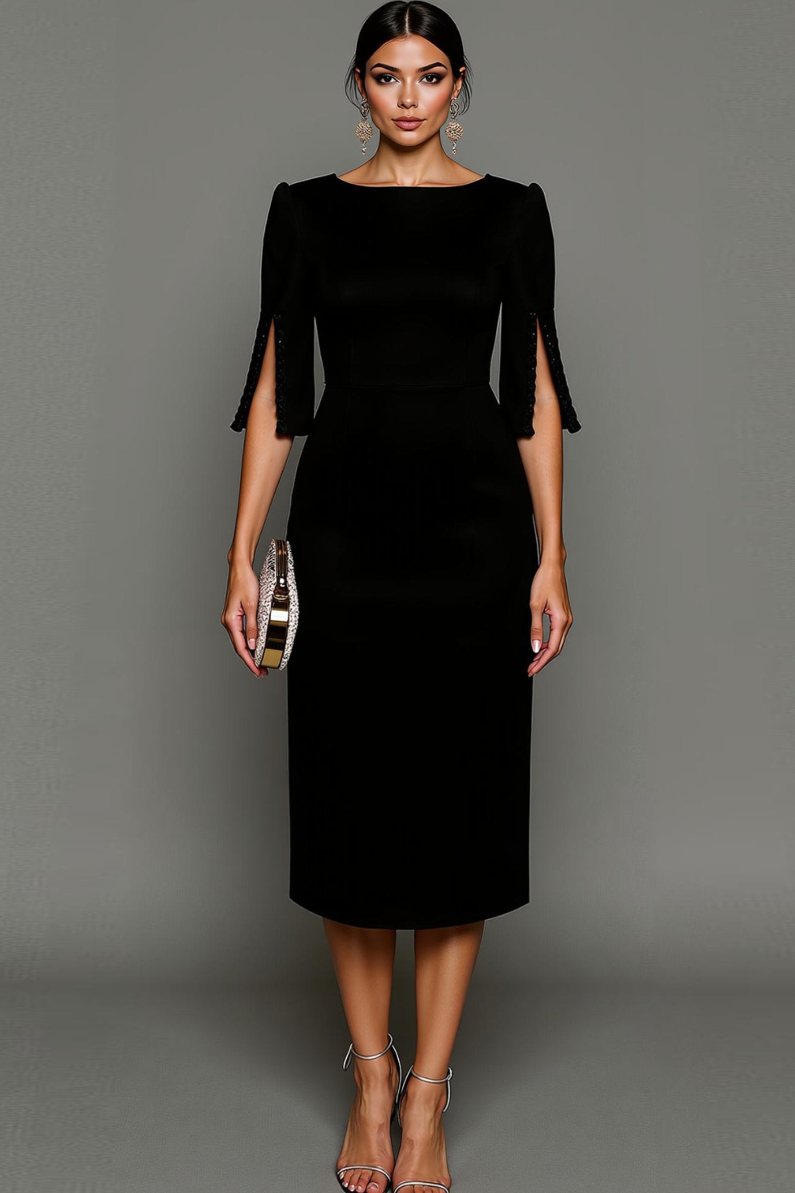 Women's Bateau-Neck Pearl-Trim Sheath Midi Formal Dress - Black