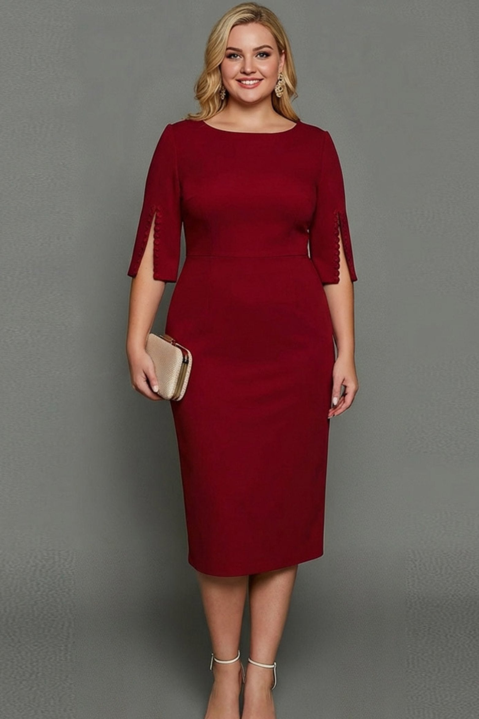 Women's Bateau-Neck Pearl-Trim Sheath Midi Formal Dress