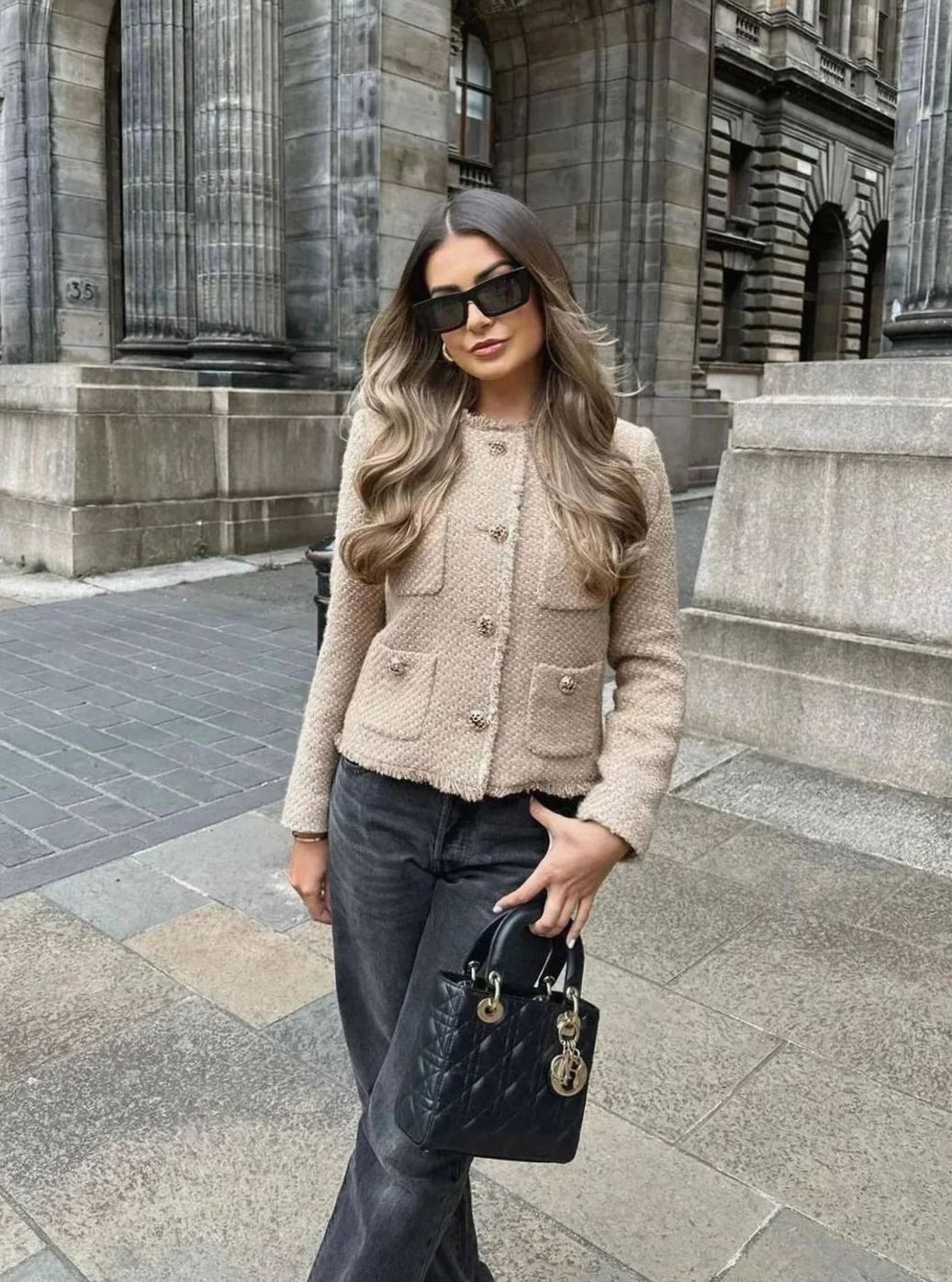Women's Beige Tweed Blazer Gold-Button Cropped Jacket