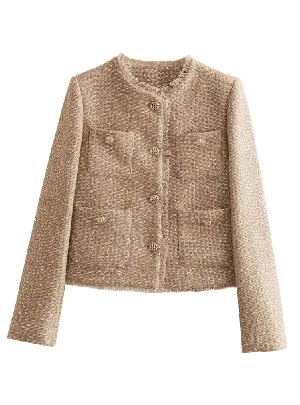 Women's Beige Tweed Blazer Gold-Button Cropped Jacket