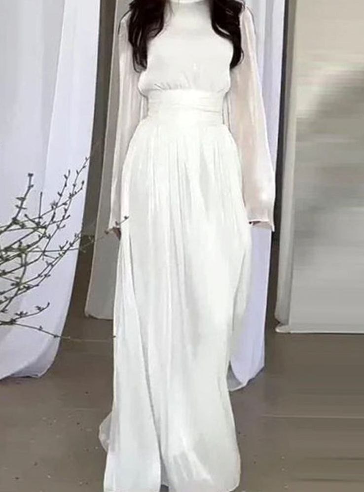 Women's Bell Sleeve Empire Waist Mock Neck Long Sleeve Maxi Gown - White