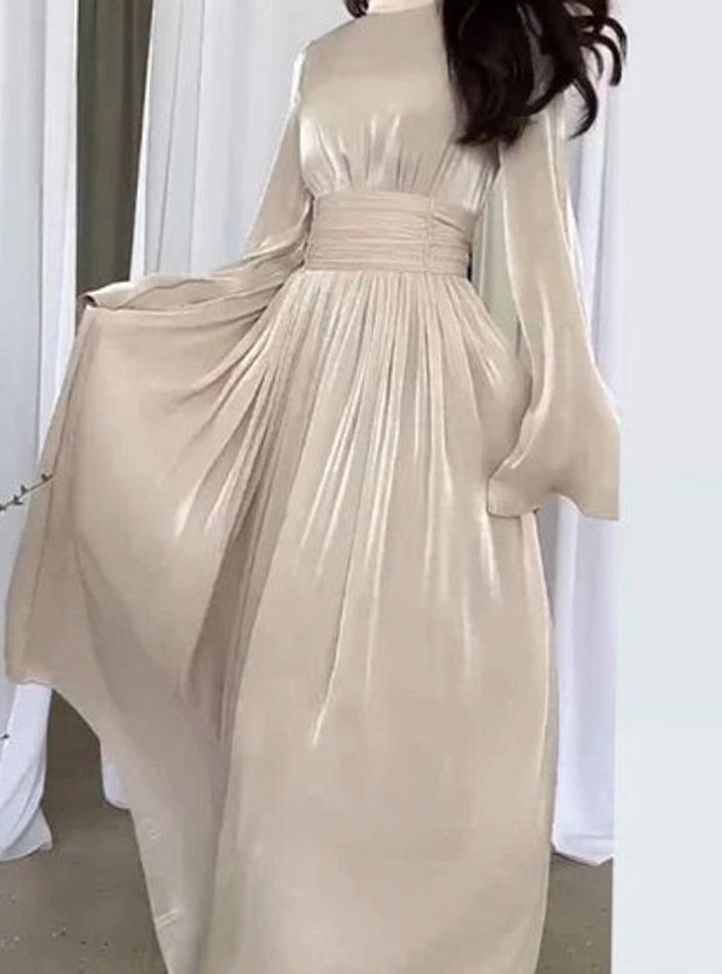 Women's Bell Sleeve Empire Waist Mock Neck Long Sleeve Maxi Gown - Beige