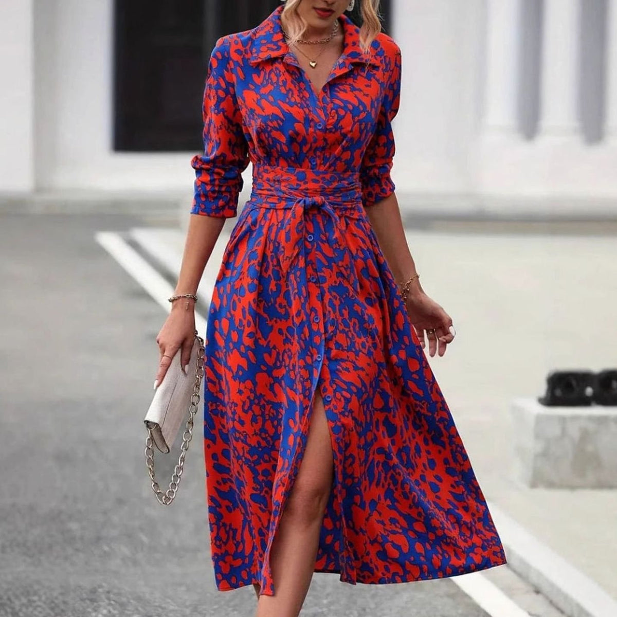 Women's Belted Abstract Print Midi Shirt Dress - Orange