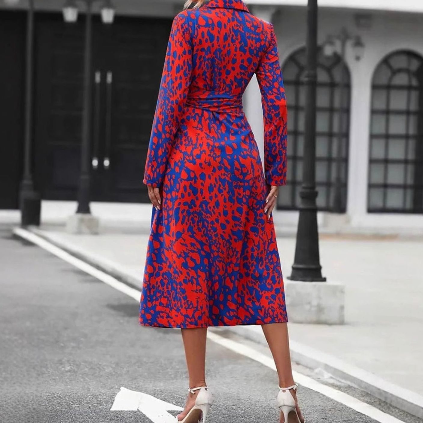 Women's Belted Abstract Print Midi Shirt Dress