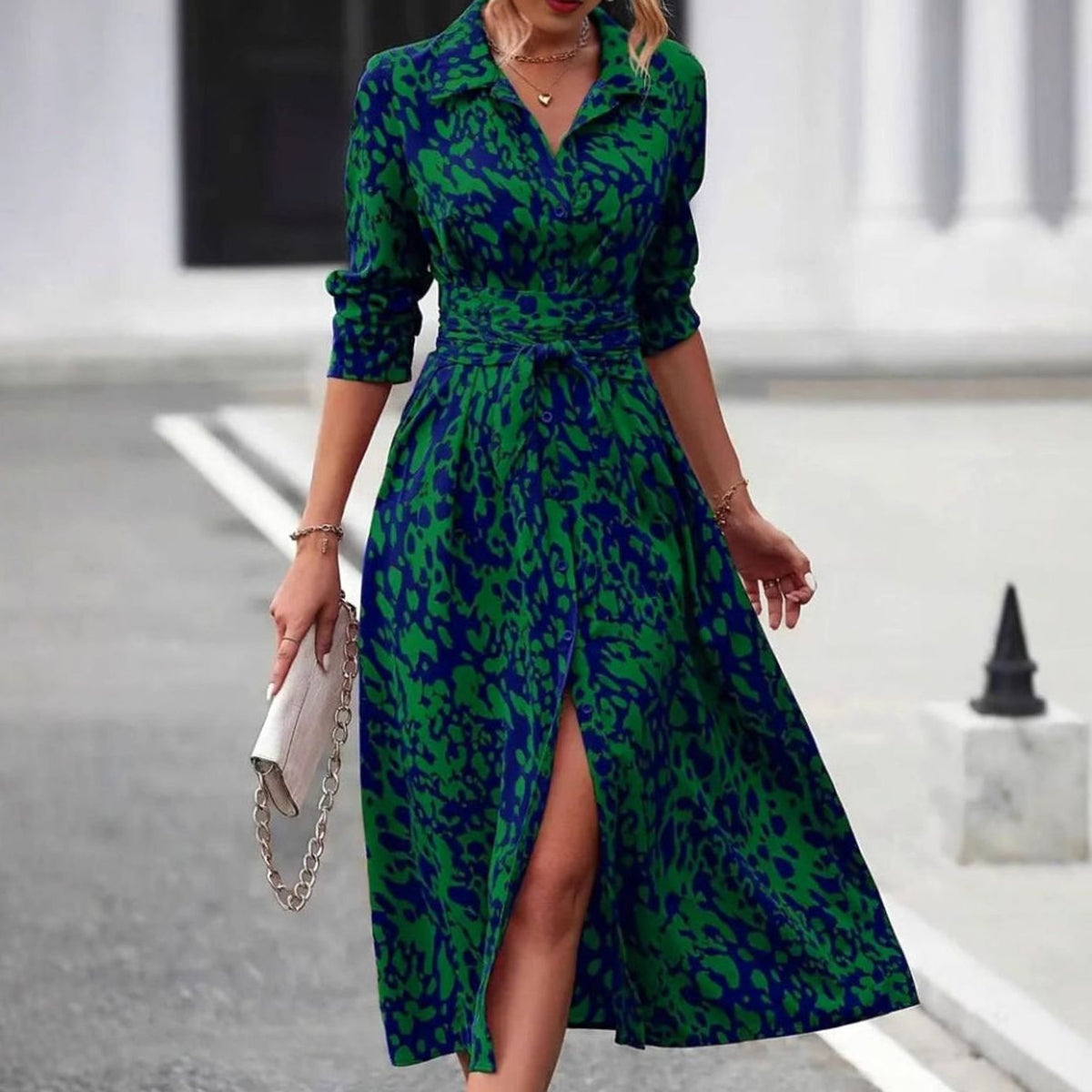 Women's Belted Abstract Print Midi Shirt Dress - Green