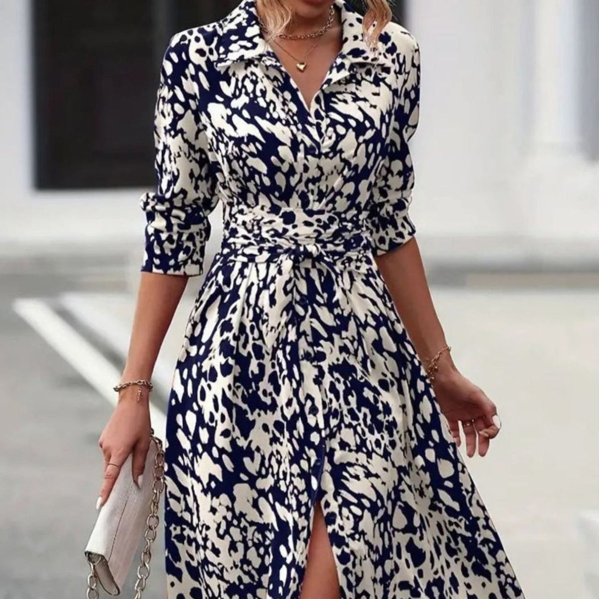 Women's Belted Abstract Print Midi Shirt Dress - Navy Blue